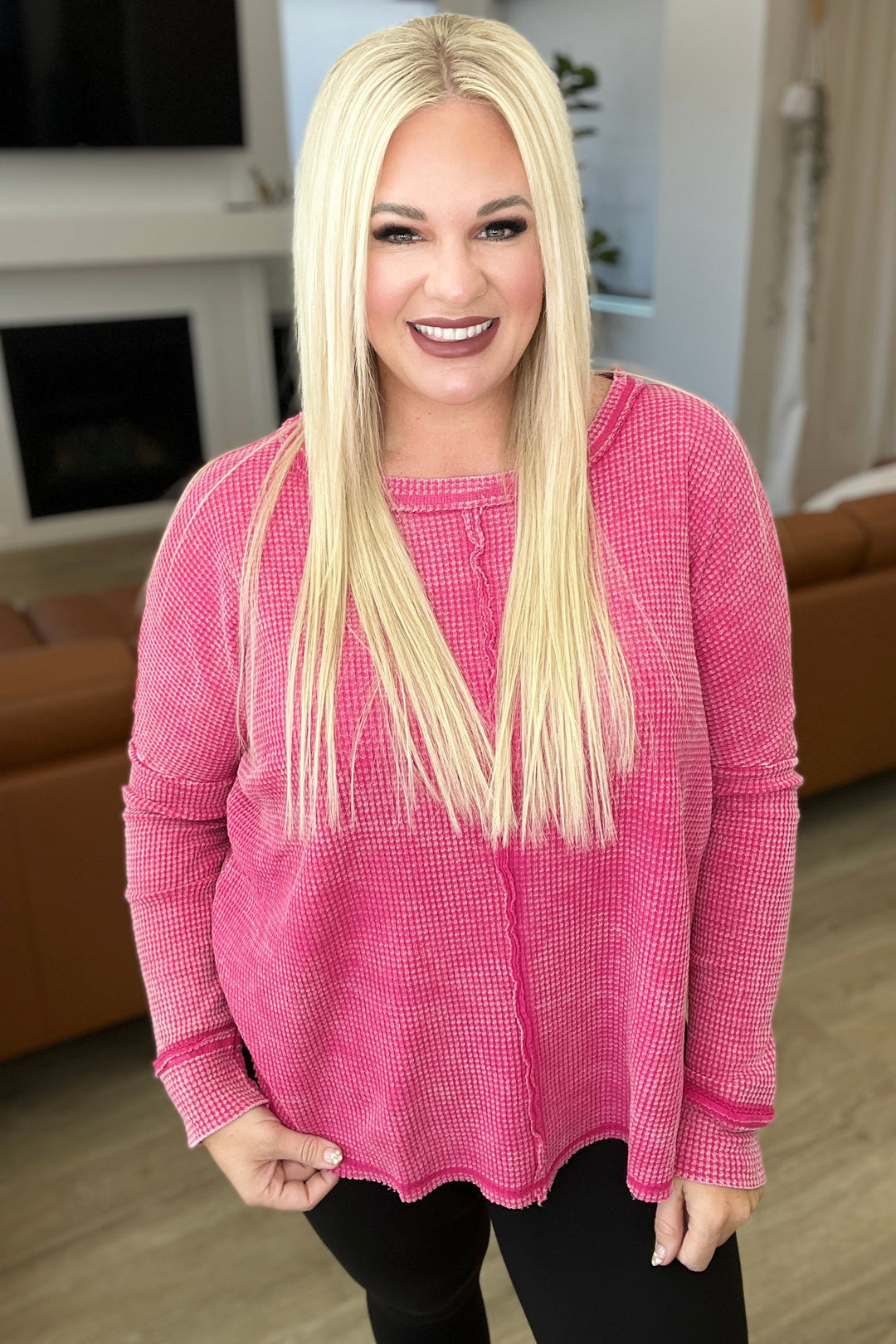 Mineral Wash Baby Waffle Long Sleeve Top in Hot Pink-Long Sleeve Tops-Krush Kandy, Women's Online Fashion Boutique Located in Phoenix, Arizona (Scottsdale Area)