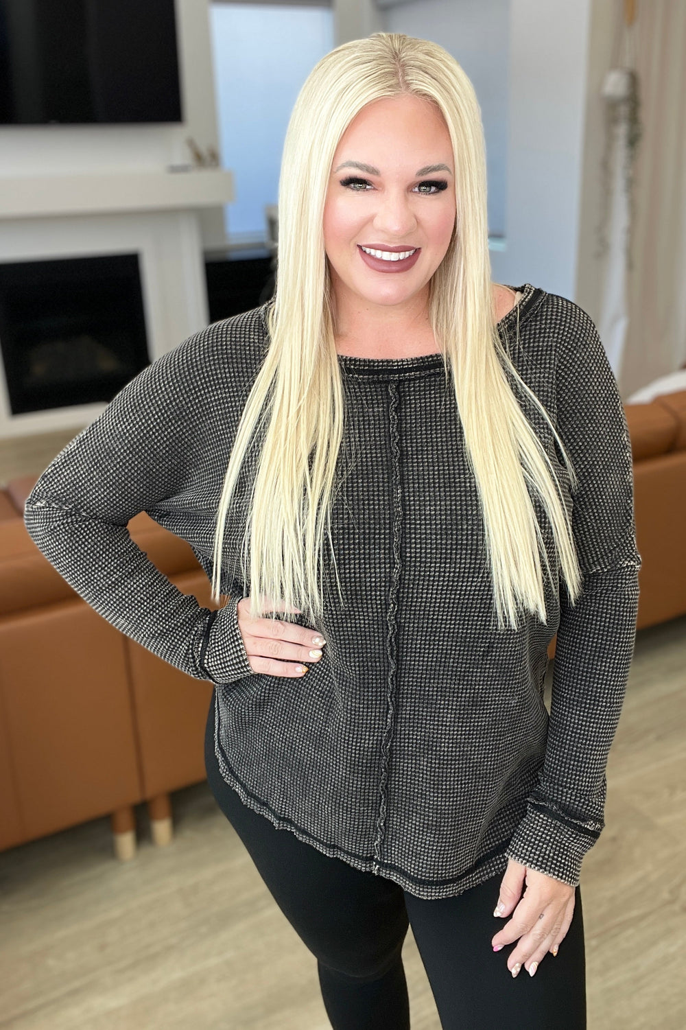 Mineral Wash Baby Waffle Long Sleeve Top in Ash Black-Long Sleeve Tops-Krush Kandy, Women's Online Fashion Boutique Located in Phoenix, Arizona (Scottsdale Area)