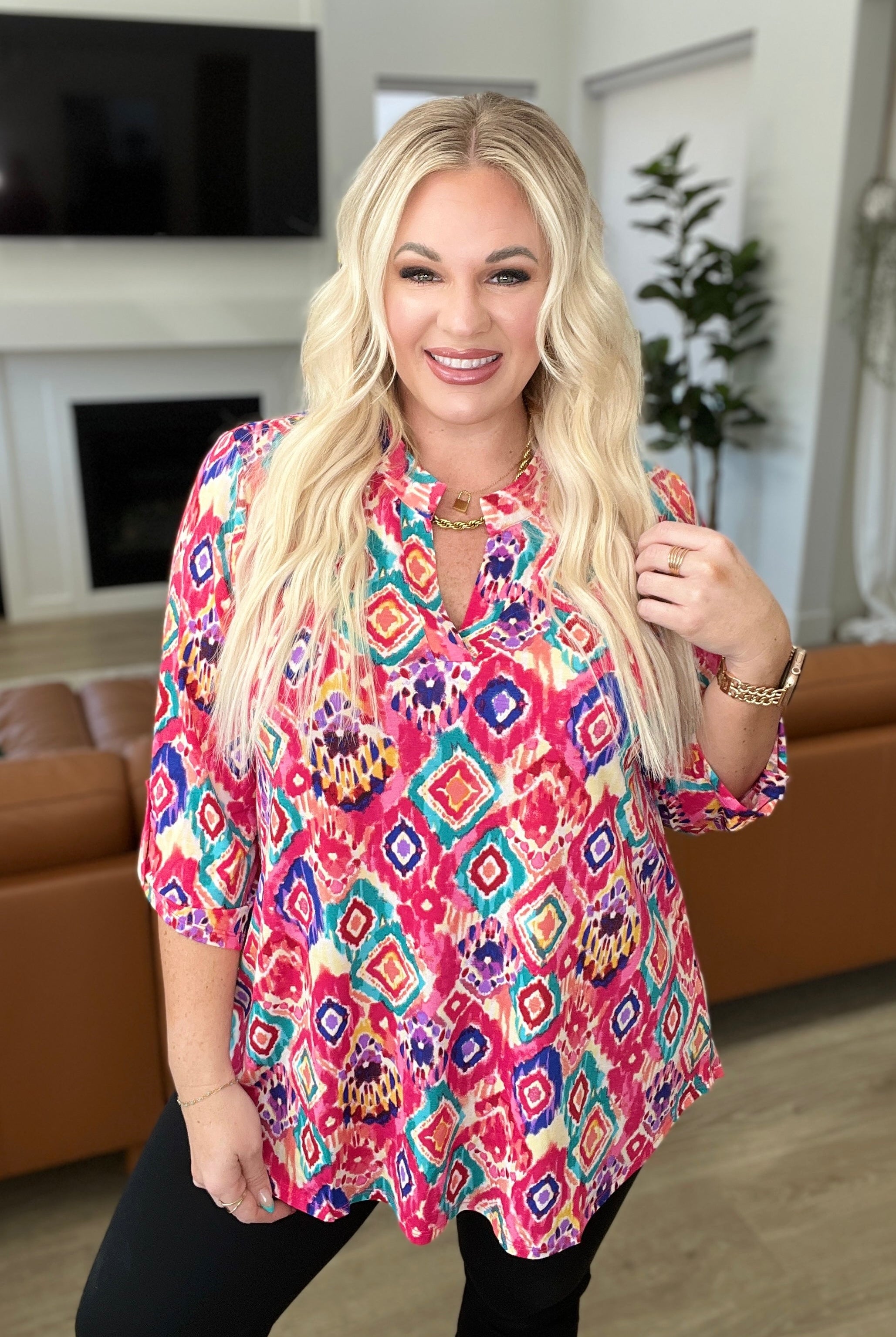 Lizzy Top in Hot Pink Ikat-Long Sleeve Tops-Krush Kandy, Women's Online Fashion Boutique Located in Phoenix, Arizona (Scottsdale Area)