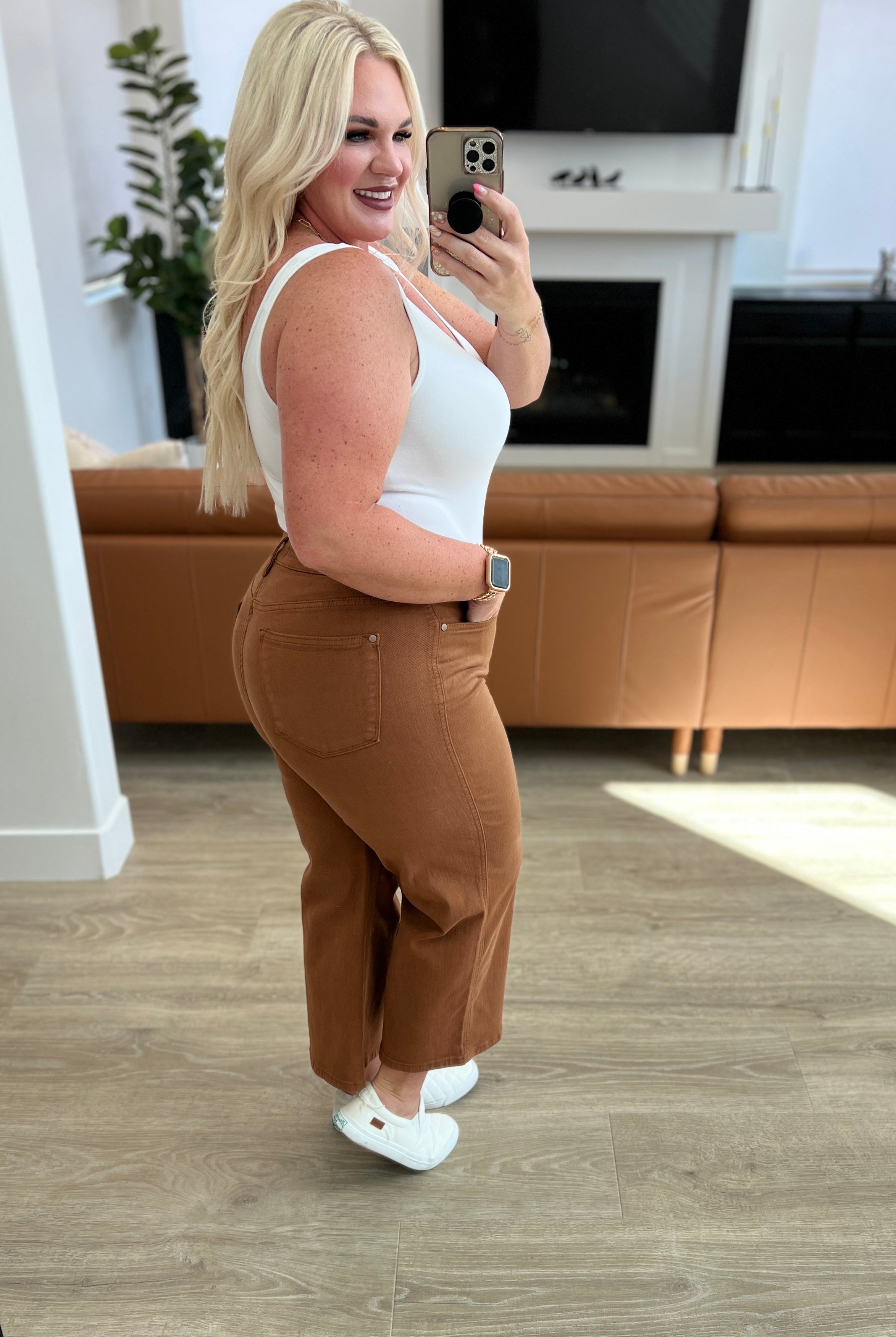 Judy Blue Briar High Rise Control Top Wide Leg Crop Jeans in Camel-Jeans-Krush Kandy, Women's Online Fashion Boutique Located in Phoenix, Arizona (Scottsdale Area)