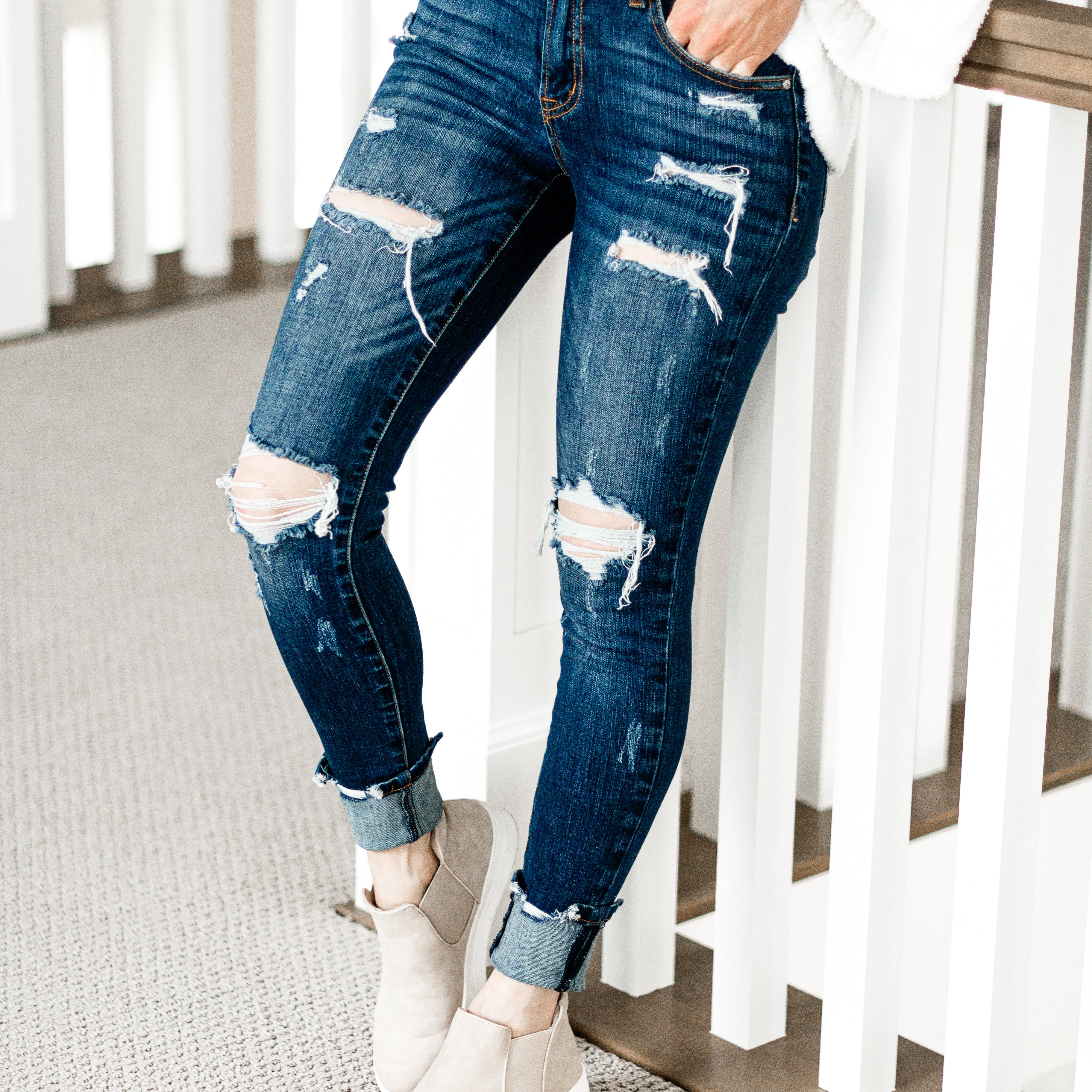 30" Destroyed Front Button Jean | PLUS/REG, 2 WASHES-Jeans-Krush Kandy, Women's Online Fashion Boutique Located in Phoenix, Arizona (Scottsdale Area)