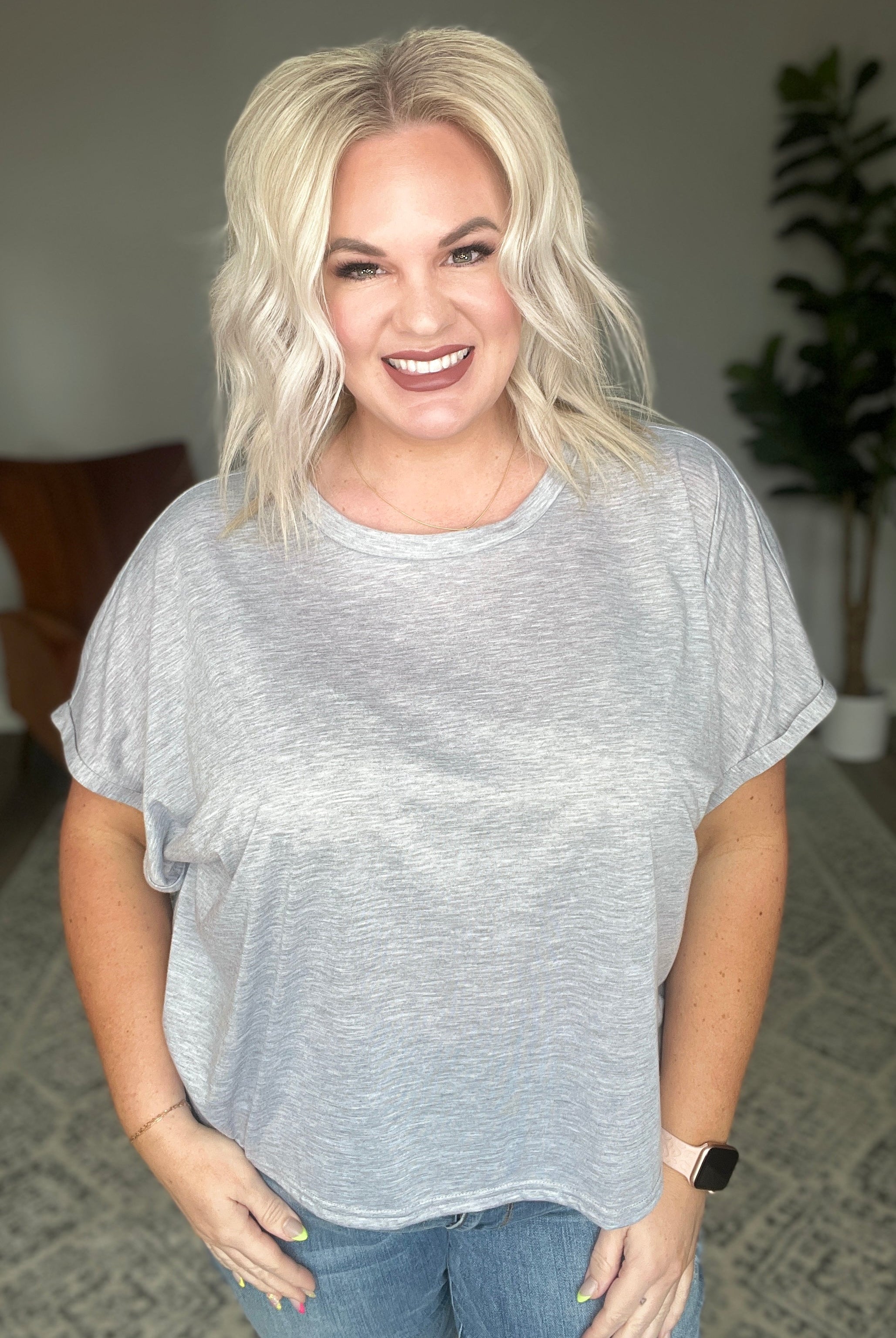 Round Neck Cuffed Sleeve Top in Heather Grey-Short Sleeve Tops-Krush Kandy, Women's Online Fashion Boutique Located in Phoenix, Arizona (Scottsdale Area)