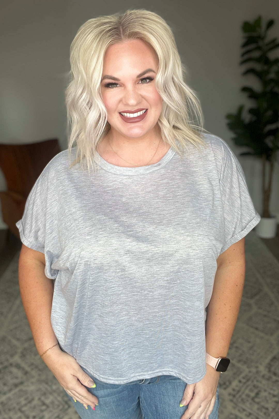 Round Neck Cuffed Sleeve Top in Heather Grey-Short Sleeve Tops-Krush Kandy, Women's Online Fashion Boutique Located in Phoenix, Arizona (Scottsdale Area)