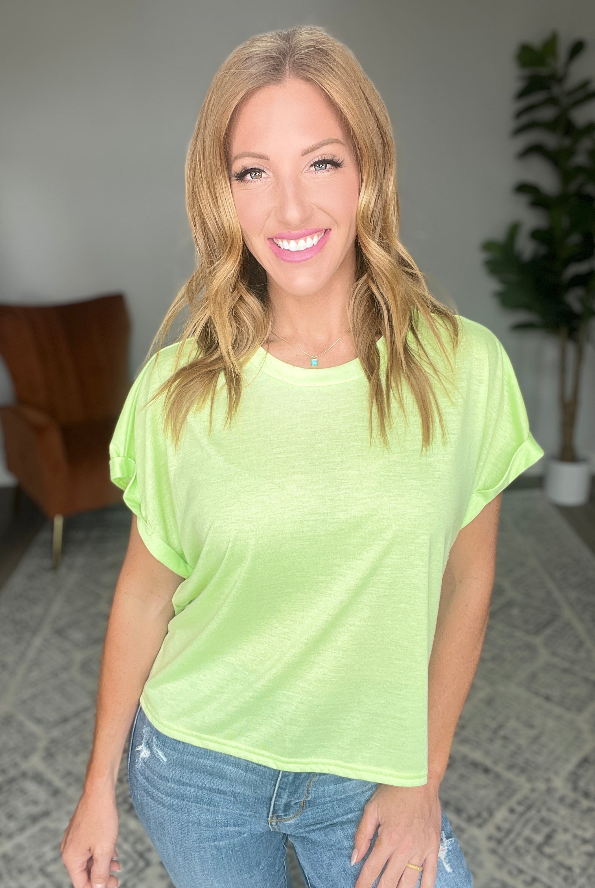 Round Neck Cuffed Sleeve Top in Lime-Short Sleeve Tops-Krush Kandy, Women's Online Fashion Boutique Located in Phoenix, Arizona (Scottsdale Area)