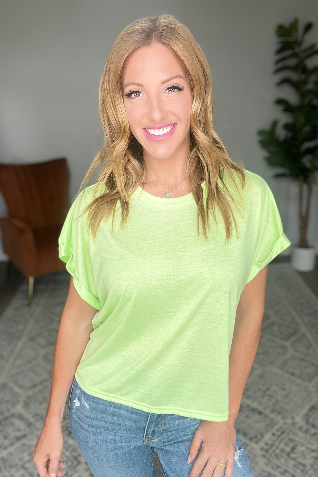 Round Neck Cuffed Sleeve Top in Lime-Short Sleeve Tops-Krush Kandy, Women's Online Fashion Boutique Located in Phoenix, Arizona (Scottsdale Area)