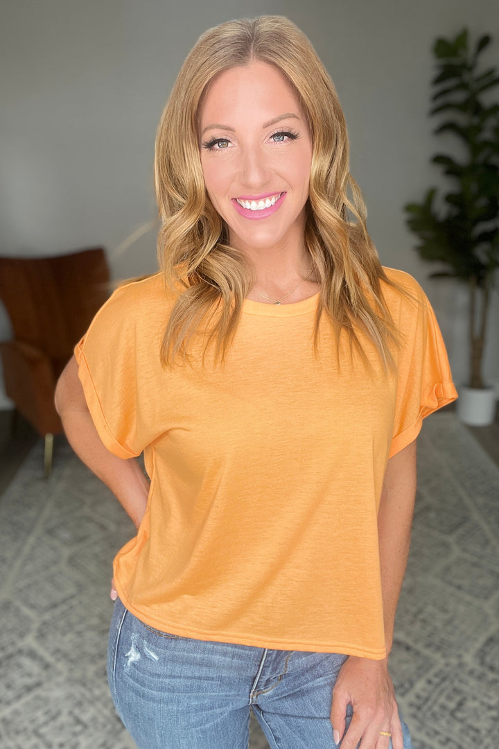 Round Neck Cuffed Sleeve Top in Neon Orange-Short Sleeve Tops-Krush Kandy, Women's Online Fashion Boutique Located in Phoenix, Arizona (Scottsdale Area)
