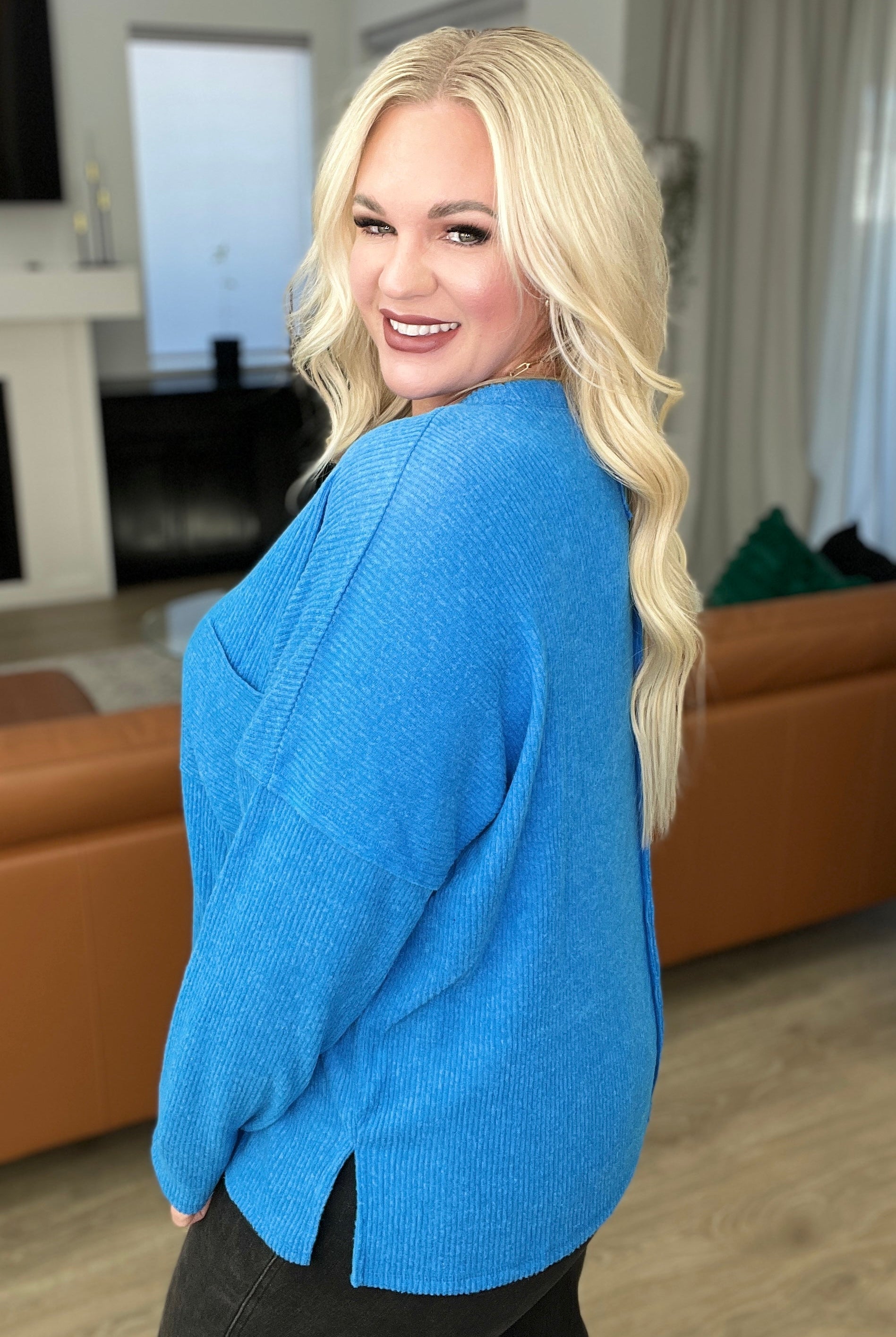 Ribbed Brushed Hacci Sweater in Ocean Blue-Sweaters-Krush Kandy, Women's Online Fashion Boutique Located in Phoenix, Arizona (Scottsdale Area)