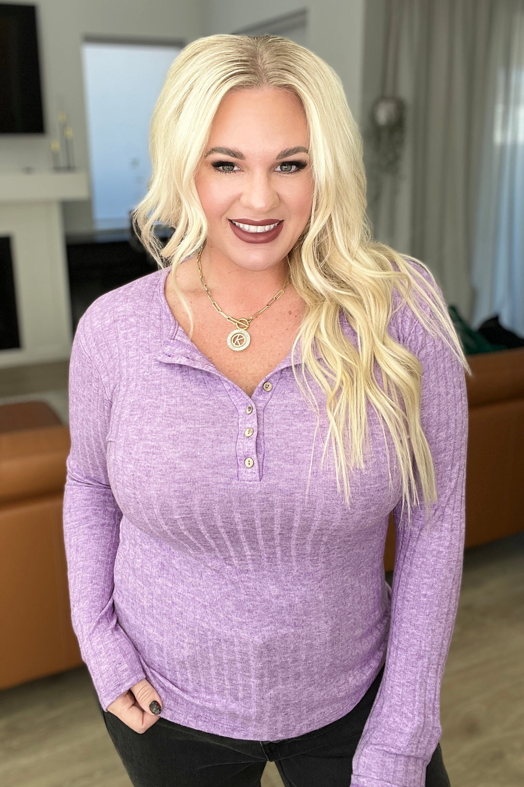 Ribbed Long Sleeve Henley in Violet-Long Sleeve Tops-Krush Kandy, Women's Online Fashion Boutique Located in Phoenix, Arizona (Scottsdale Area)