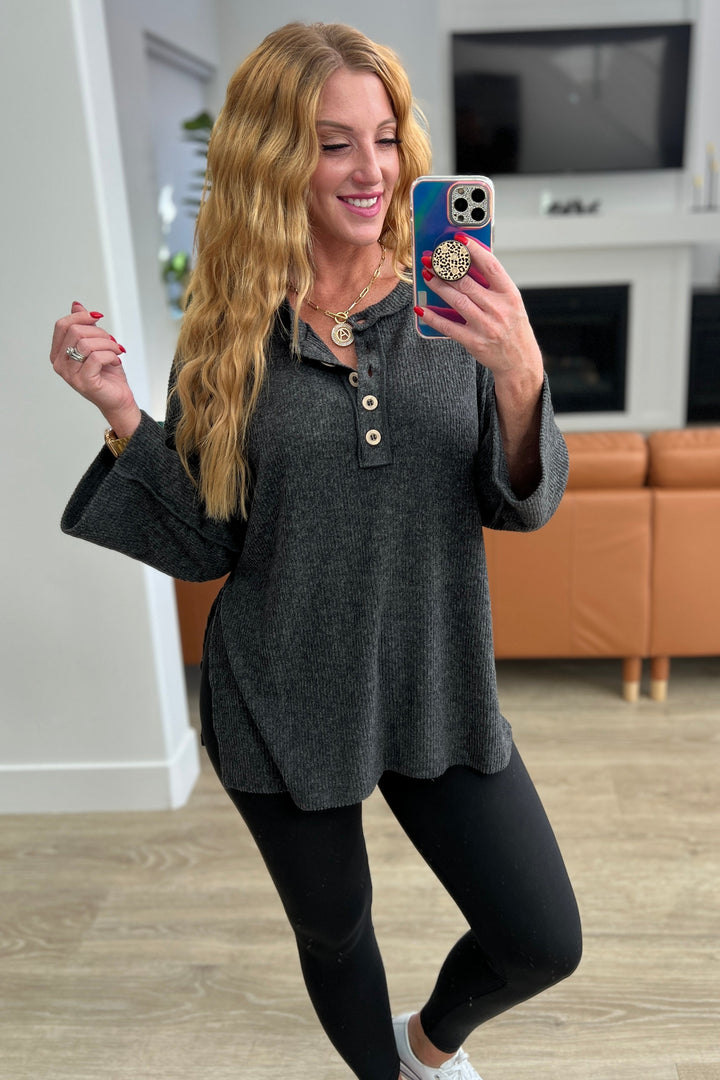 Ribbed Brushed Hacci Henley in Black-Long Sleeve Tops-Krush Kandy, Women's Online Fashion Boutique Located in Phoenix, Arizona (Scottsdale Area)