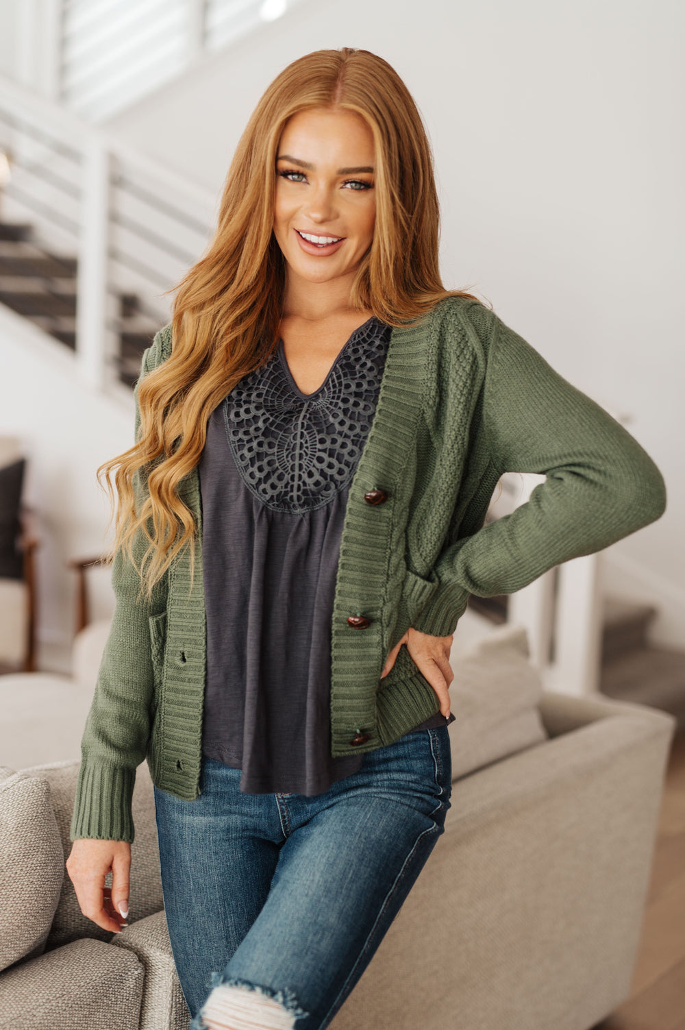 Climbing Vine Cable Knit Cardigan in Green-Cardigans-Krush Kandy, Women's Online Fashion Boutique Located in Phoenix, Arizona (Scottsdale Area)