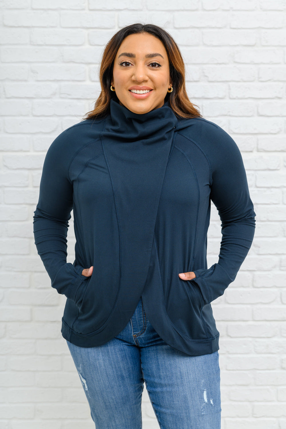 Janie Asymmetric Cowl Neck Jacket In Navy-Jackets-Krush Kandy, Women's Online Fashion Boutique Located in Phoenix, Arizona (Scottsdale Area)