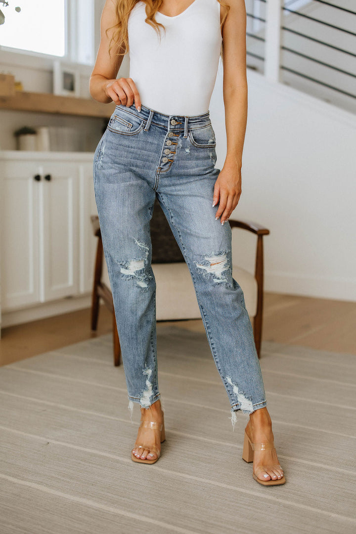 Judy Blue Josie Mid Rise Button Fly Boyfriend Jeans-Jeans-Krush Kandy, Women's Online Fashion Boutique Located in Phoenix, Arizona (Scottsdale Area)