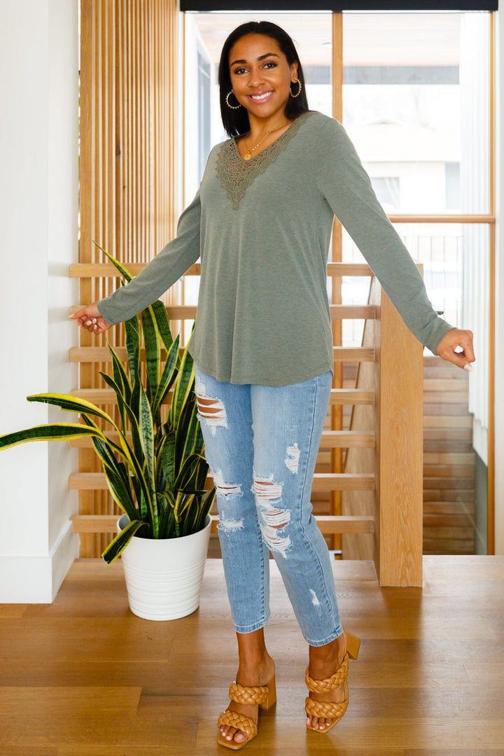 Lacey Long Sleeve V Neck In Olive-Long Sleeve Tops-Krush Kandy, Women's Online Fashion Boutique Located in Phoenix, Arizona (Scottsdale Area)