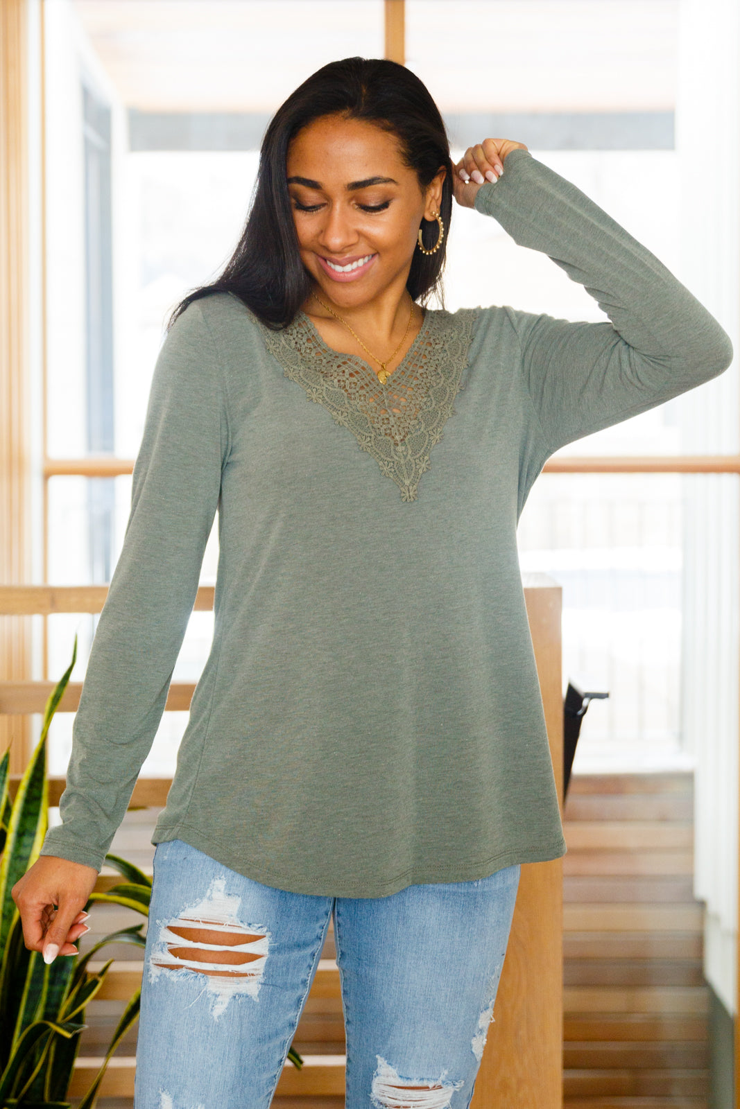 Lacey Long Sleeve V Neck In Olive-Long Sleeve Tops-Krush Kandy, Women's Online Fashion Boutique Located in Phoenix, Arizona (Scottsdale Area)