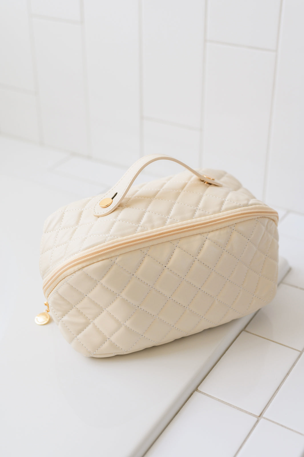 Large Capacity Quilted Makeup Bag in Cream-Accessories-Krush Kandy, Women's Online Fashion Boutique Located in Phoenix, Arizona (Scottsdale Area)