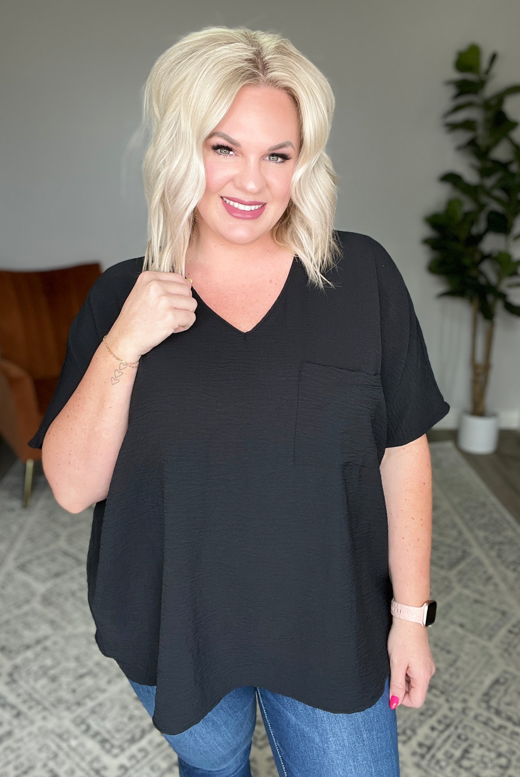 Let's Roll V-Neck Top in Black-Short Sleeve Tops-Krush Kandy, Women's Online Fashion Boutique Located in Phoenix, Arizona (Scottsdale Area)