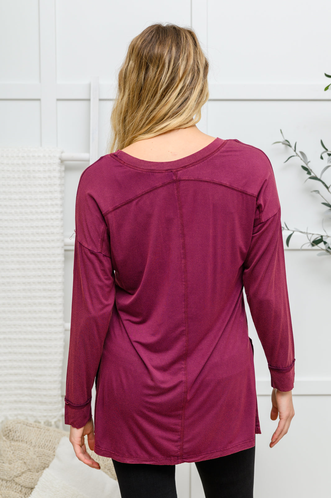 Long Sleeve Knit Top With Pocket In Burgundy-Long Sleeve Tops-Krush Kandy, Women's Online Fashion Boutique Located in Phoenix, Arizona (Scottsdale Area)