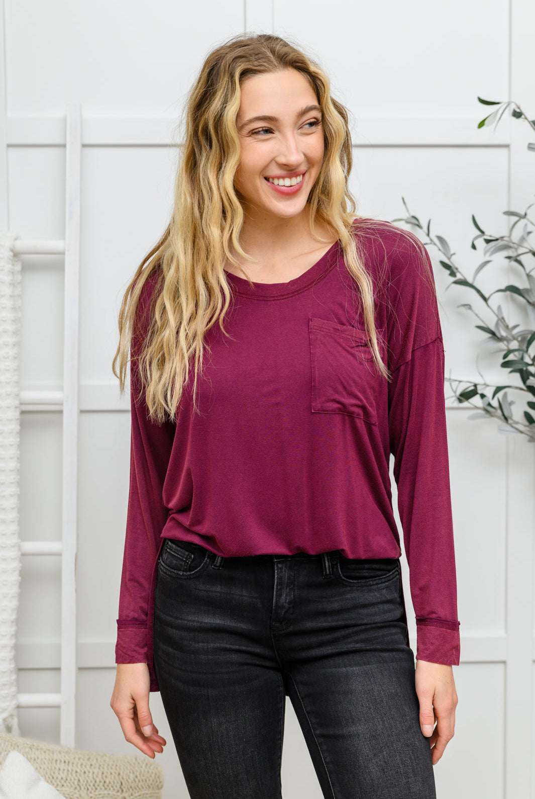 Long Sleeve Knit Top With Pocket In Burgundy-Long Sleeve Tops-Krush Kandy, Women's Online Fashion Boutique Located in Phoenix, Arizona (Scottsdale Area)