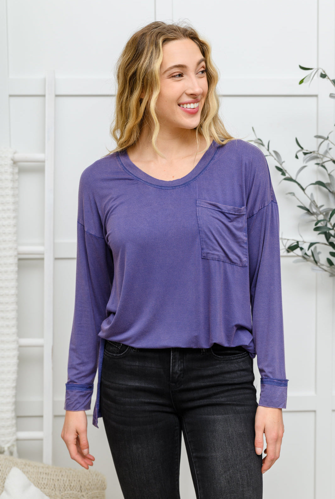 Long Sleeve Knit Top With Pocket In Denim Blue-Long Sleeve Tops-Krush Kandy, Women's Online Fashion Boutique Located in Phoenix, Arizona (Scottsdale Area)
