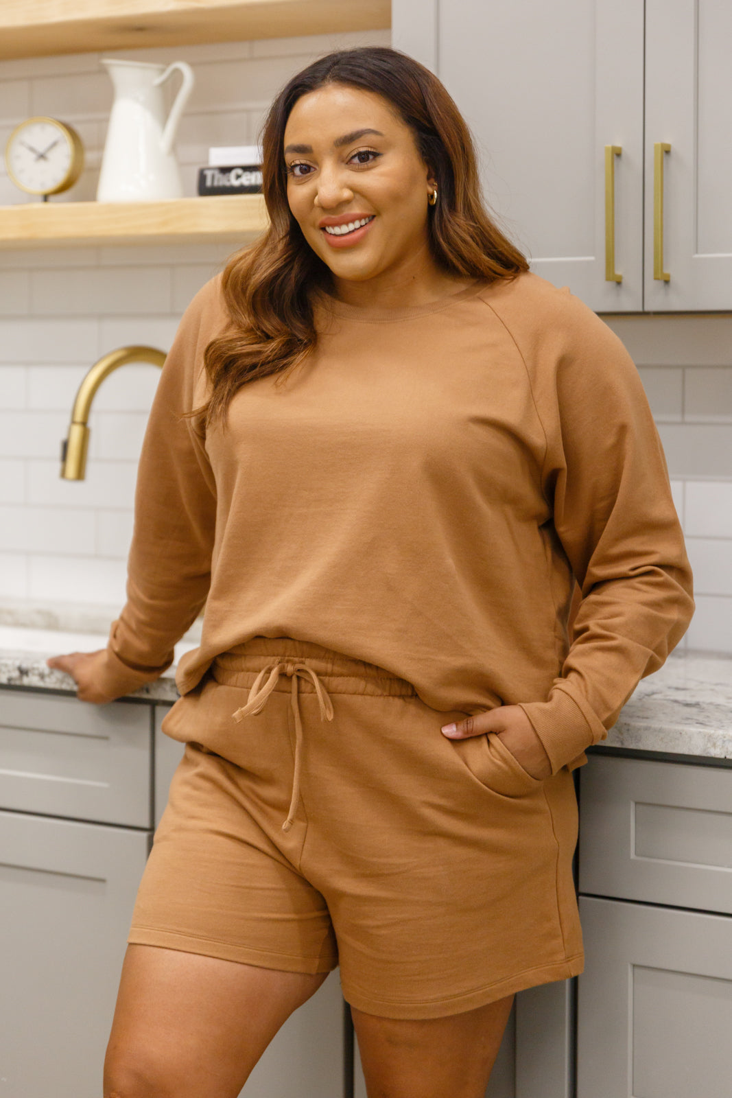 Long Sleeve Sweatshirt Top & Shorts Set In Camel-Sweatshirts-Krush Kandy, Women's Online Fashion Boutique Located in Phoenix, Arizona (Scottsdale Area)