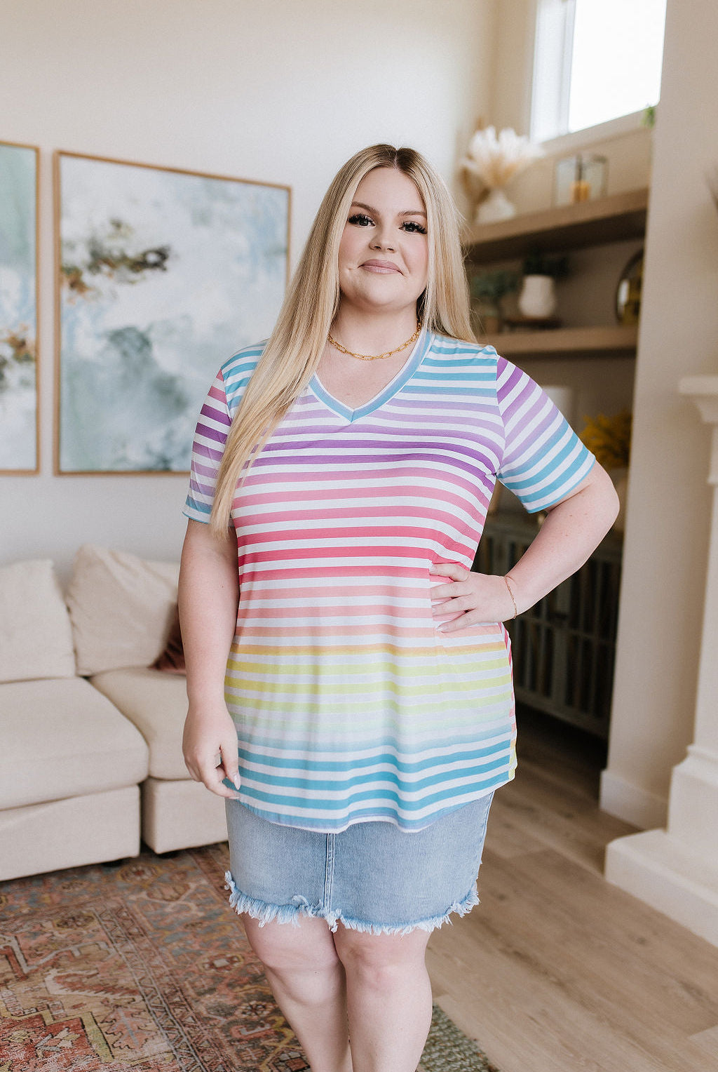 Looking for Rainbows V-Neck Striped Top-Short Sleeve Tops-Krush Kandy, Women's Online Fashion Boutique Located in Phoenix, Arizona (Scottsdale Area)