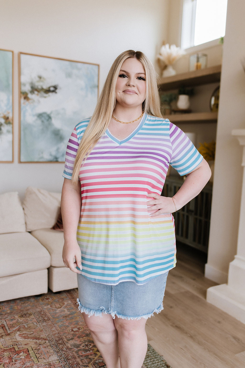 Looking for Rainbows V-Neck Striped Top-Short Sleeve Tops-Krush Kandy, Women's Online Fashion Boutique Located in Phoenix, Arizona (Scottsdale Area)