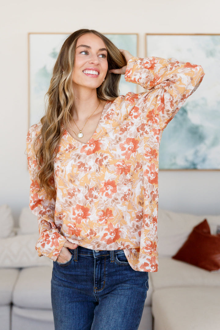 Marigold Dreams Floral Blouse-Long Sleeve Tops-Krush Kandy, Women's Online Fashion Boutique Located in Phoenix, Arizona (Scottsdale Area)
