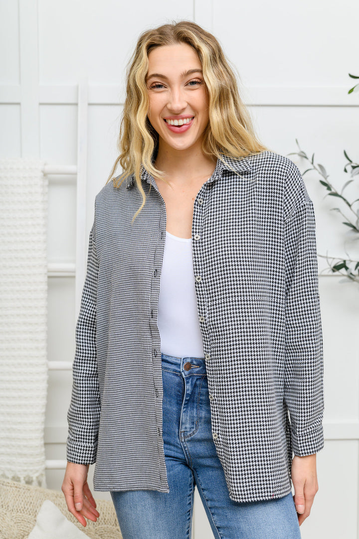 Mixed Houndstooth Button Up Top-Long Sleeve Tops-Krush Kandy, Women's Online Fashion Boutique Located in Phoenix, Arizona (Scottsdale Area)