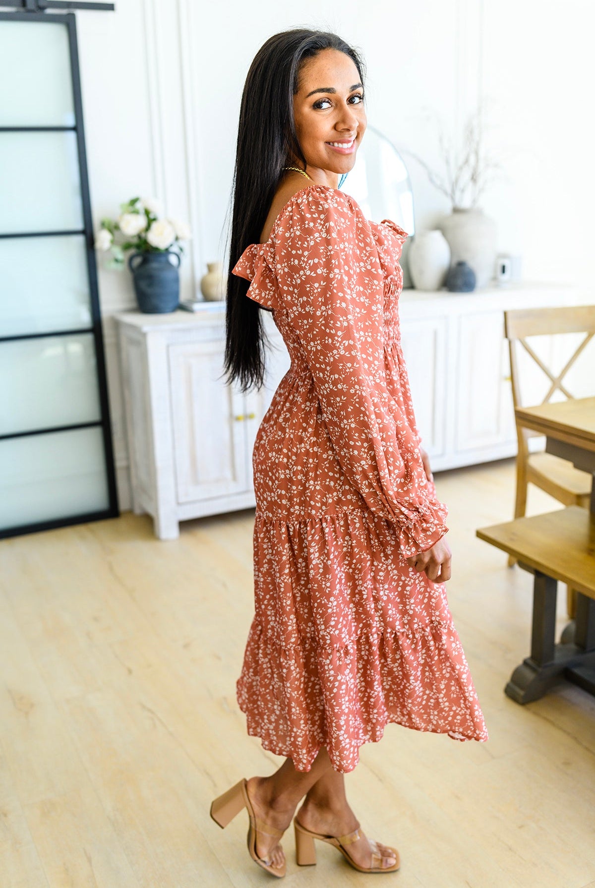 Now Is Your Chance Floral Midi Dress In Rust-Dresses-Krush Kandy, Women's Online Fashion Boutique Located in Phoenix, Arizona (Scottsdale Area)