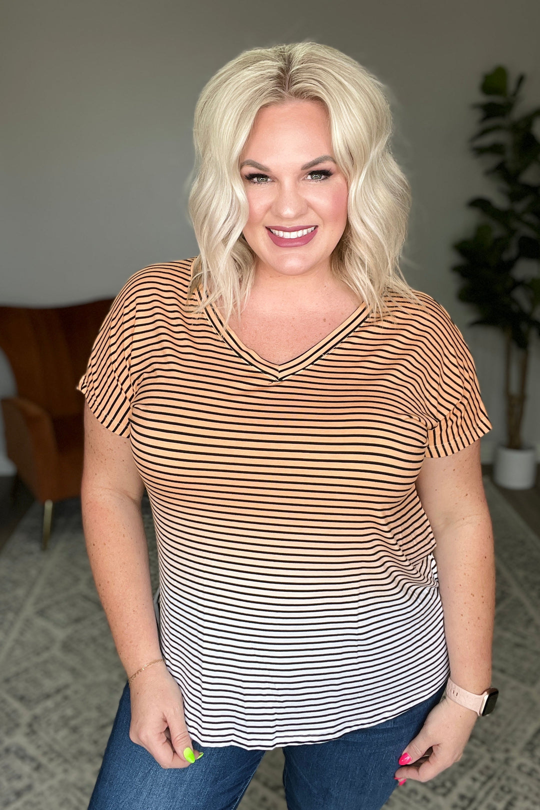 Ombre Stripe V-Neck T in Neon Coral-Short Sleeve Tops-Krush Kandy, Women's Online Fashion Boutique Located in Phoenix, Arizona (Scottsdale Area)