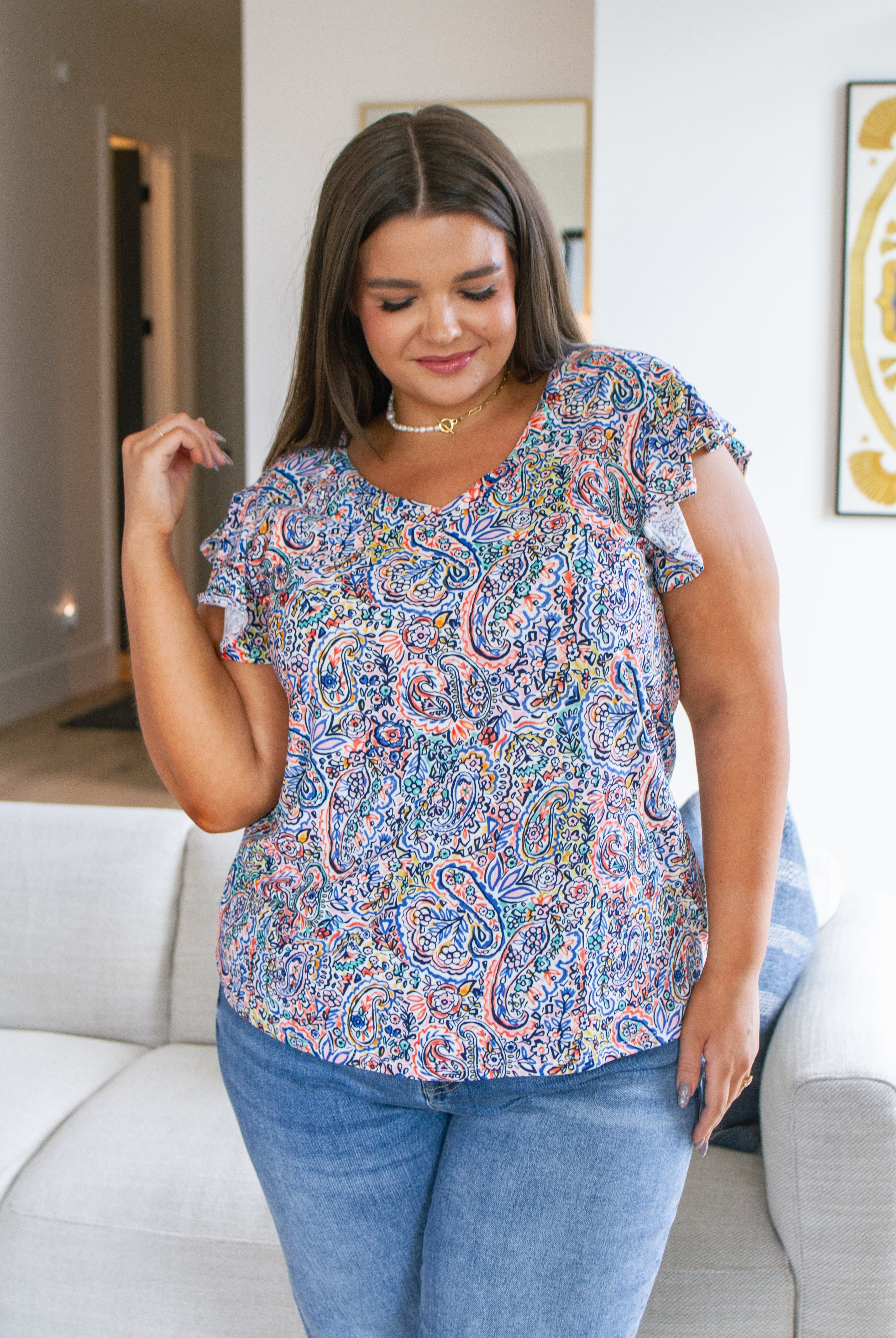 Patient in Paisley Flutter Sleeve Top-Short Sleeve Tops-Krush Kandy, Women's Online Fashion Boutique Located in Phoenix, Arizona (Scottsdale Area)