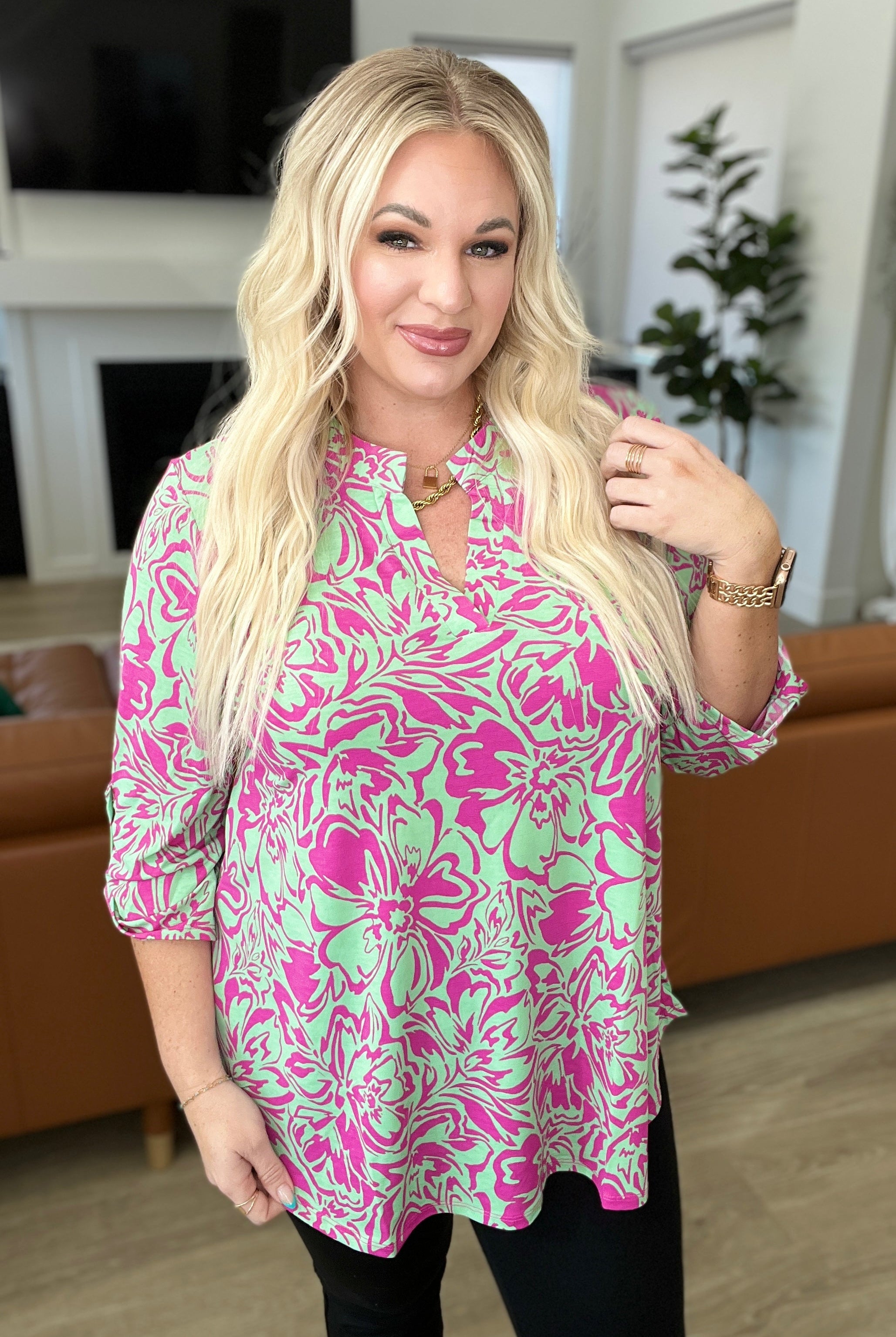 Lizzy Top in Emerald Pink Floral-Long Sleeve Tops-Krush Kandy, Women's Online Fashion Boutique Located in Phoenix, Arizona (Scottsdale Area)