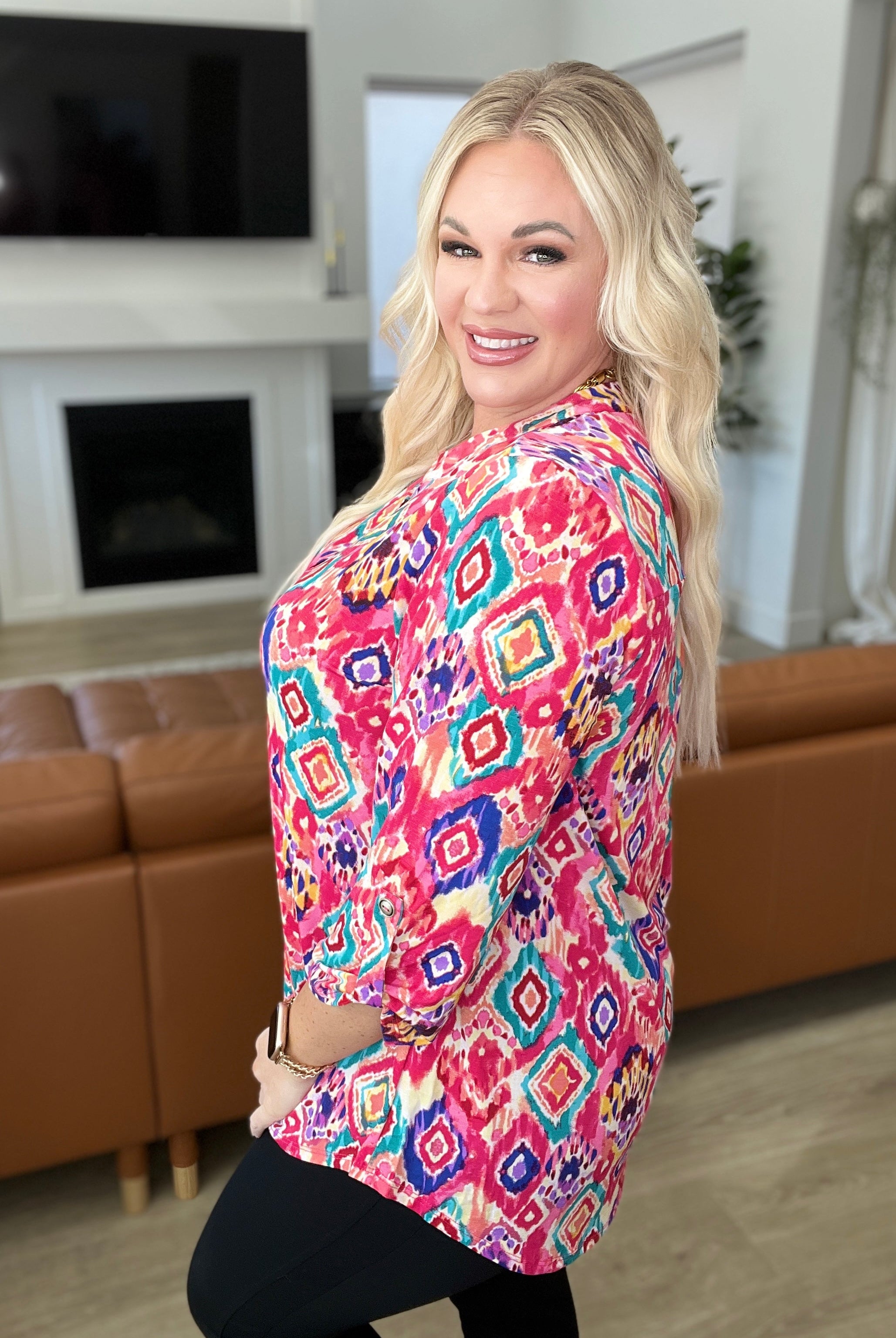 Lizzy Top in Hot Pink Ikat-Long Sleeve Tops-Krush Kandy, Women's Online Fashion Boutique Located in Phoenix, Arizona (Scottsdale Area)