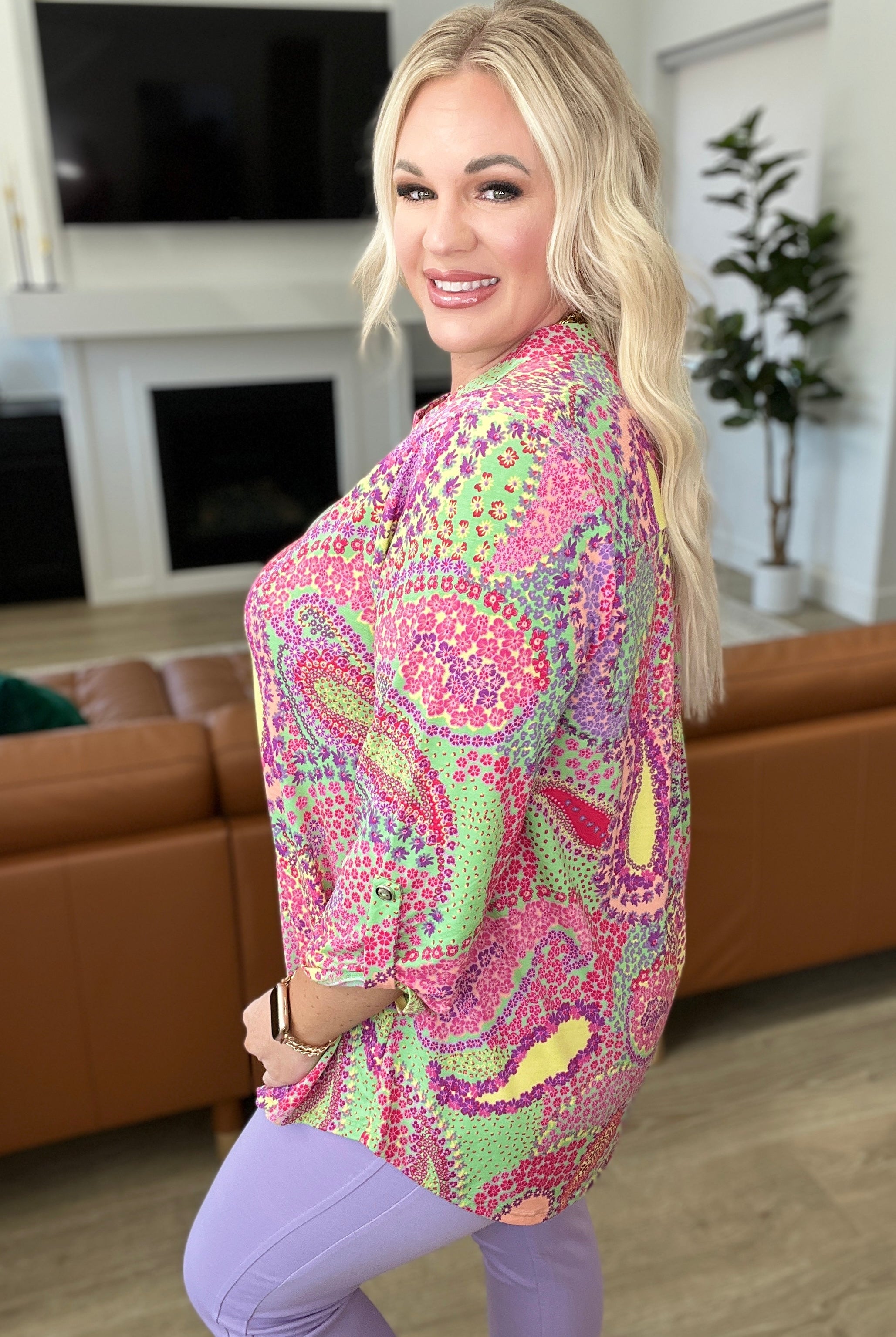 Lizzy Top in Green and Pink Paisley-Long Sleeve Tops-Krush Kandy, Women's Online Fashion Boutique Located in Phoenix, Arizona (Scottsdale Area)