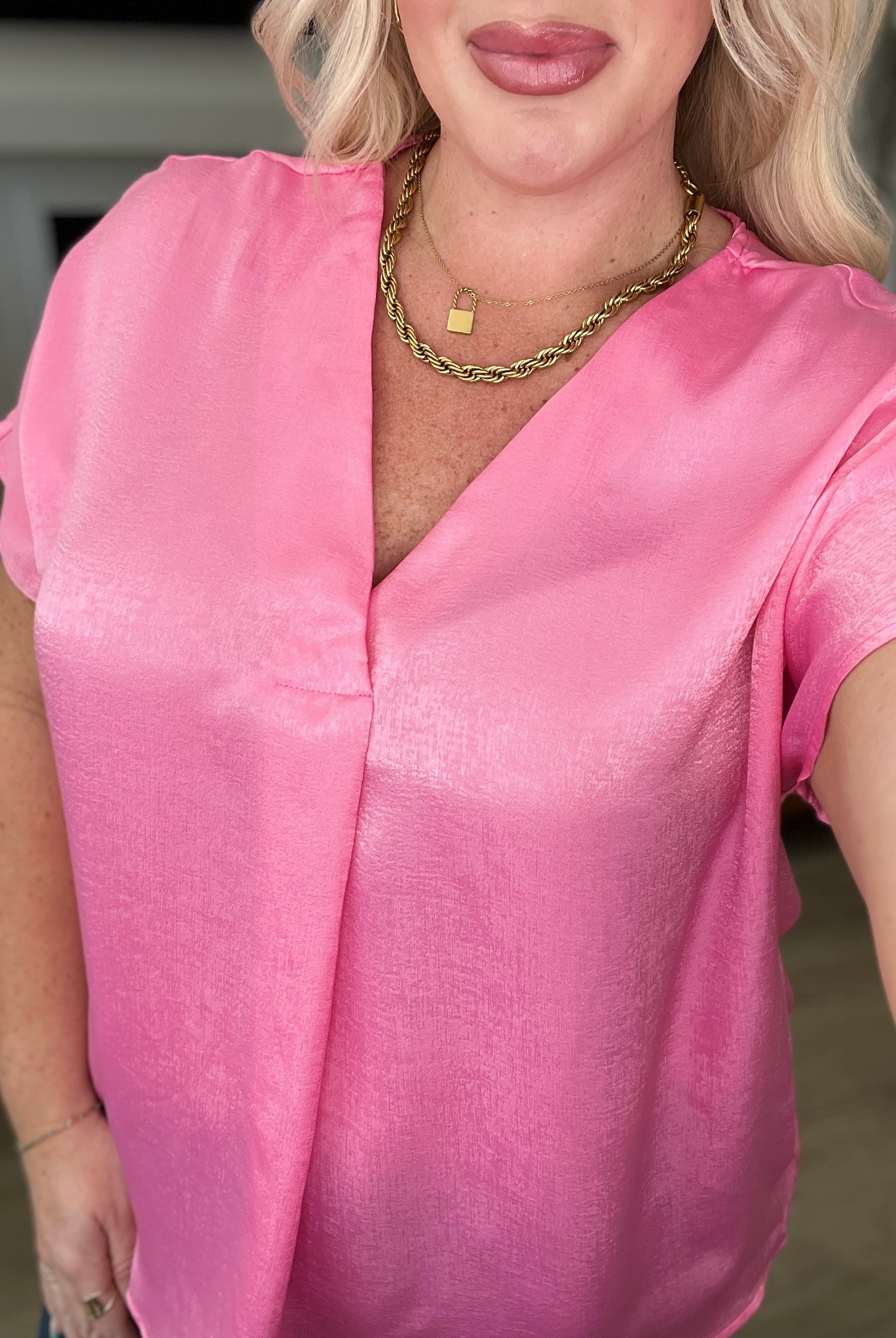 Pleat Front V-Neck Top in Pink Cosmos-Short Sleeve Tops-Krush Kandy, Women's Online Fashion Boutique Located in Phoenix, Arizona (Scottsdale Area)