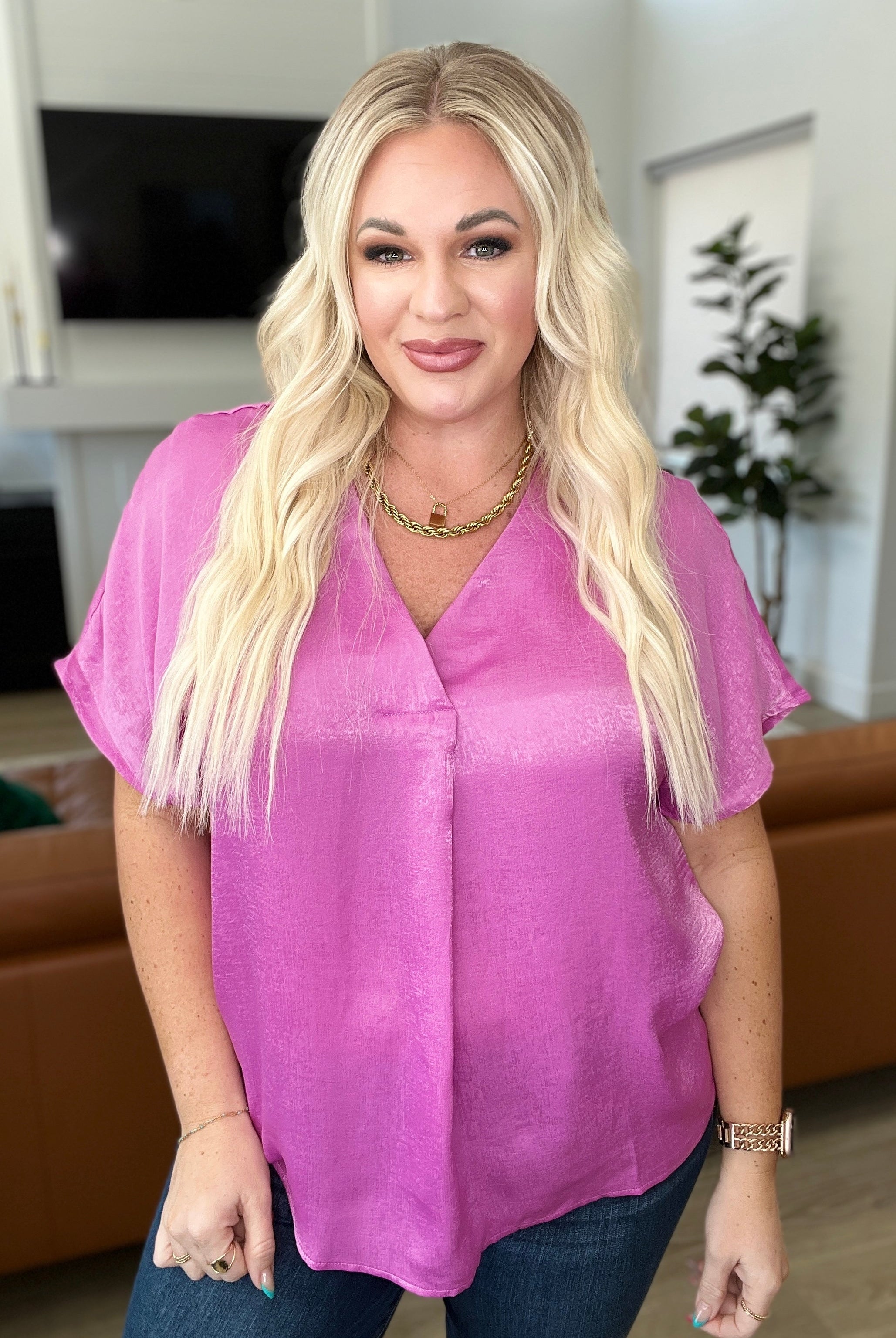 Pleat Front V-Neck Top in Spring Orchid-Short Sleeve Tops-Krush Kandy, Women's Online Fashion Boutique Located in Phoenix, Arizona (Scottsdale Area)