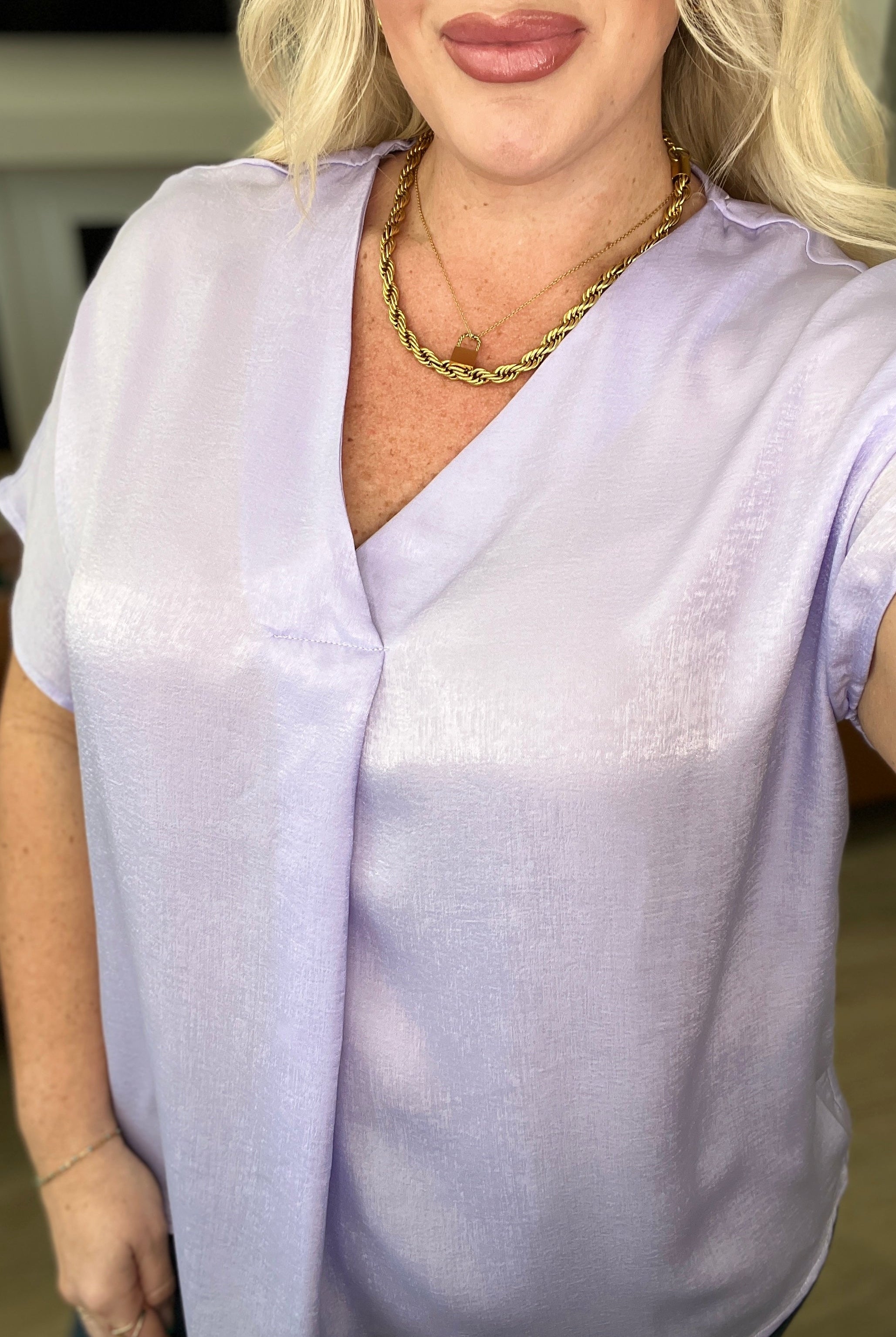 Pleat Front V-Neck Top in Lavender-Short Sleeve Tops-Krush Kandy, Women's Online Fashion Boutique Located in Phoenix, Arizona (Scottsdale Area)