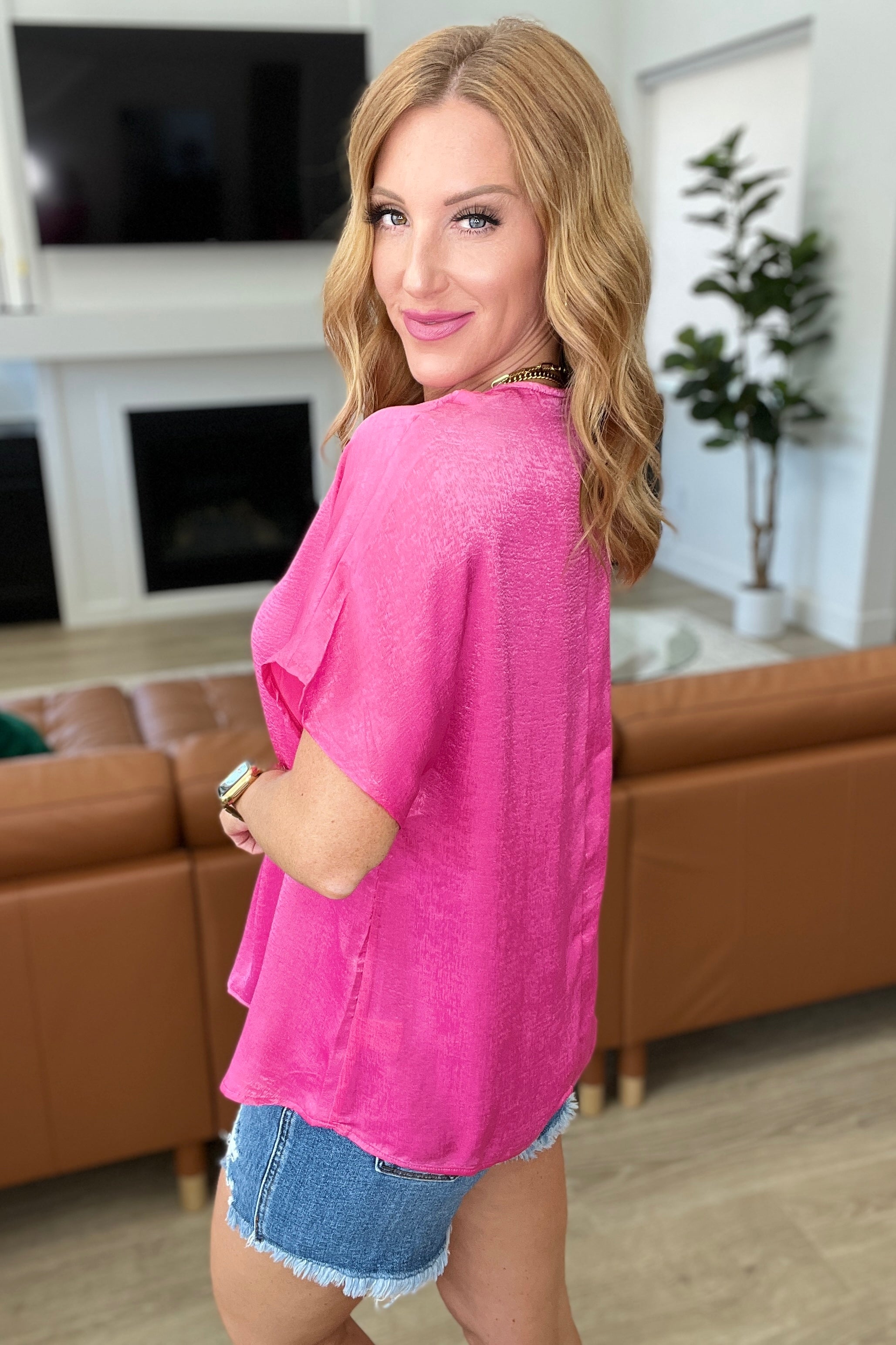 Pleat Front V-Neck Top in Hot Pink-Short Sleeve Tops-Krush Kandy, Women's Online Fashion Boutique Located in Phoenix, Arizona (Scottsdale Area)
