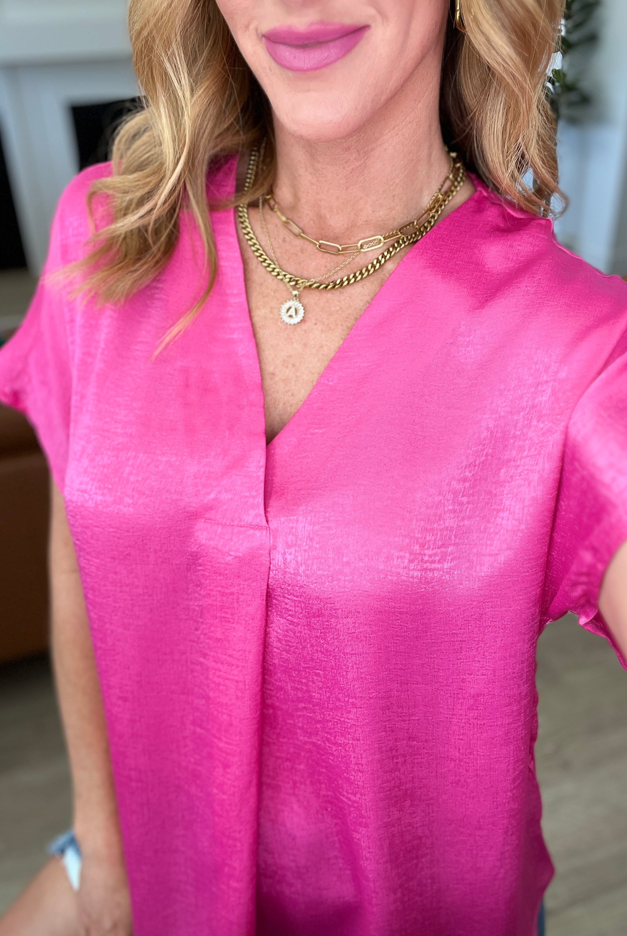 Pleat Front V-Neck Top in Hot Pink-Short Sleeve Tops-Krush Kandy, Women's Online Fashion Boutique Located in Phoenix, Arizona (Scottsdale Area)