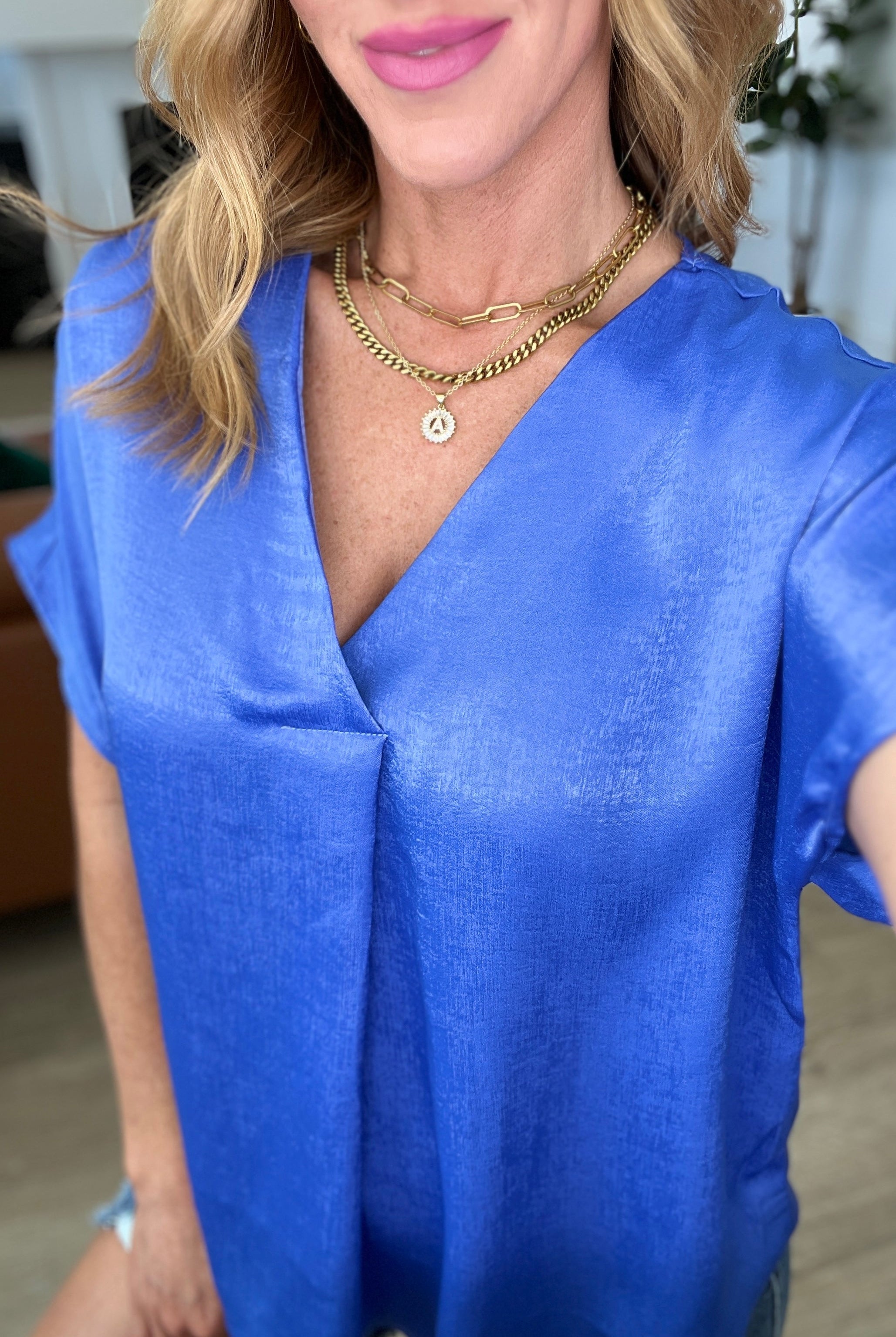 Pleat Front V-Neck Top in Royal Blue-Short Sleeve Tops-Krush Kandy, Women's Online Fashion Boutique Located in Phoenix, Arizona (Scottsdale Area)