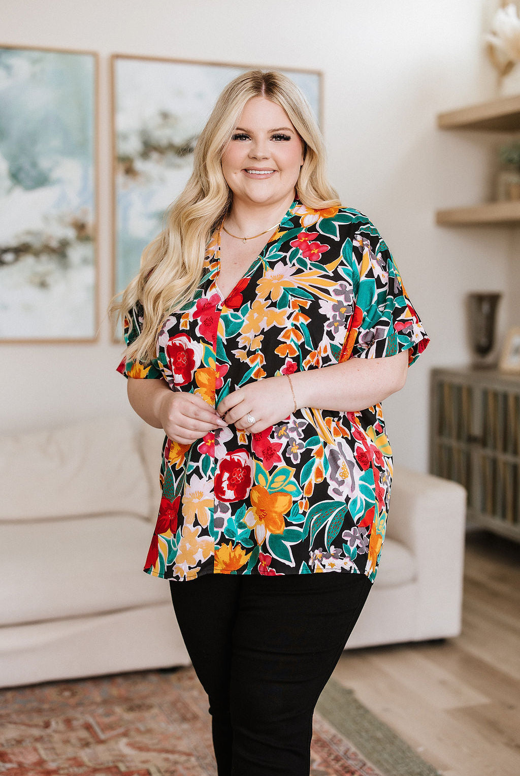 Pretty in Paradise Floral Blouse-Short Sleeve Tops-Krush Kandy, Women's Online Fashion Boutique Located in Phoenix, Arizona (Scottsdale Area)