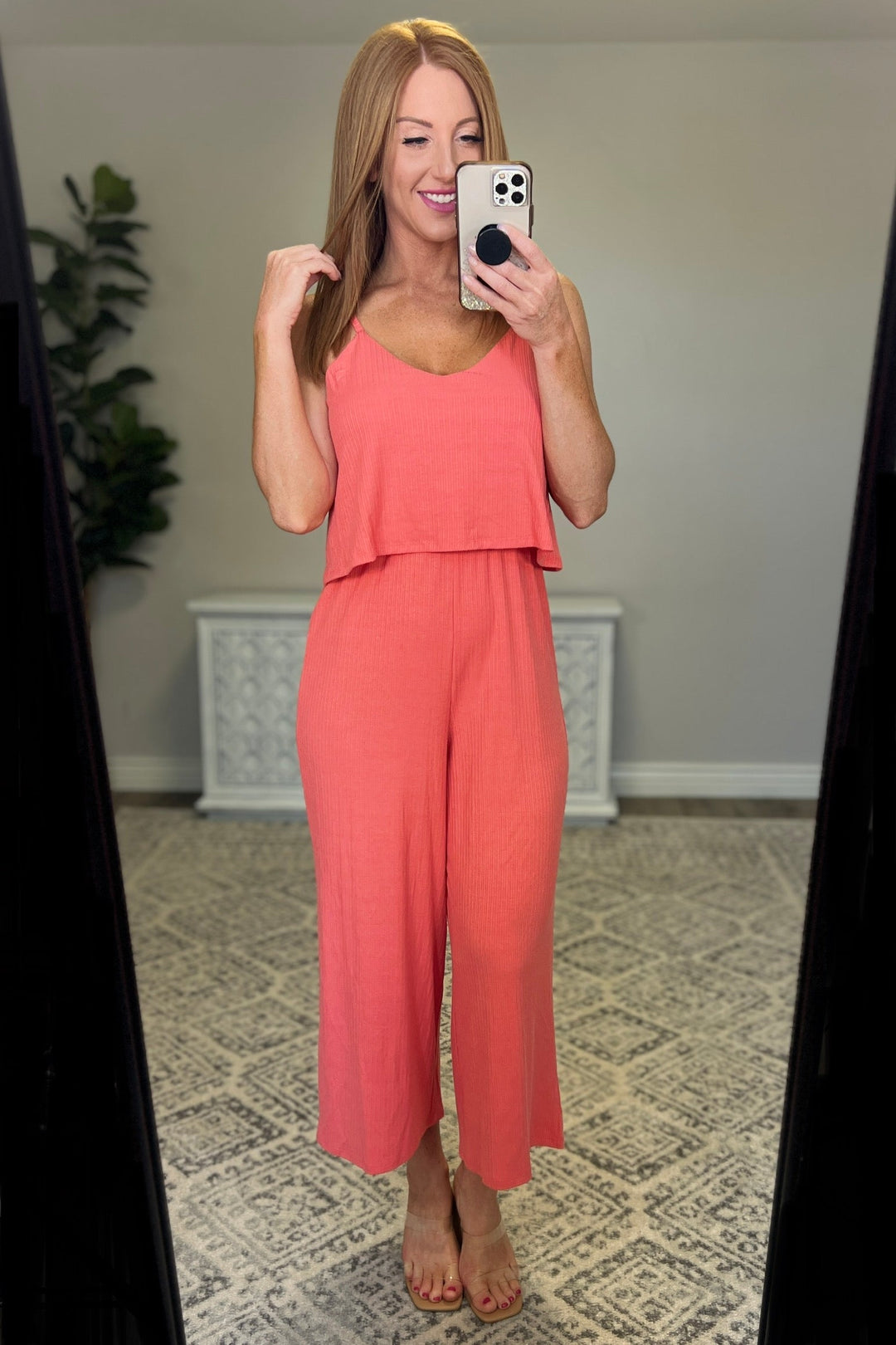 Ribbed Double Layer Jumpsuit in Deep Coral-Jumpsuits & Rompers-Krush Kandy, Women's Online Fashion Boutique Located in Phoenix, Arizona (Scottsdale Area)