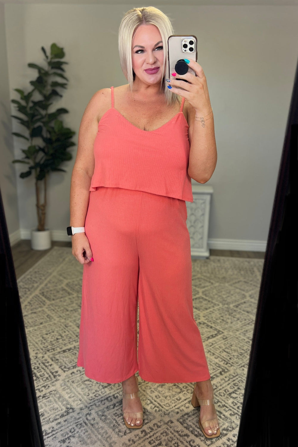 Ribbed Double Layer Jumpsuit in Deep Coral-Jumpsuits & Rompers-Krush Kandy, Women's Online Fashion Boutique Located in Phoenix, Arizona (Scottsdale Area)