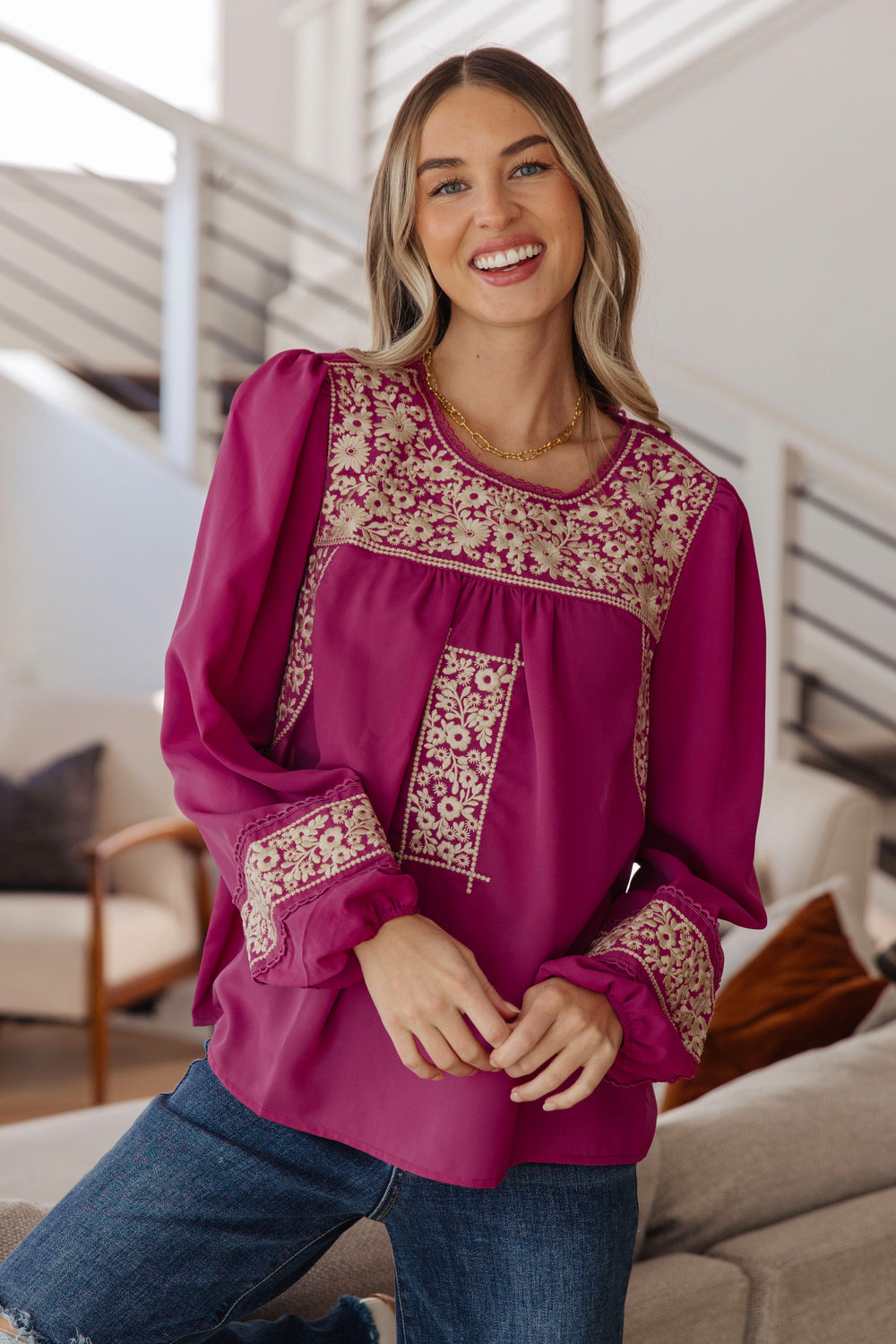 Rodeo Queen Embroidered Blouse-Long Sleeve Tops-Krush Kandy, Women's Online Fashion Boutique Located in Phoenix, Arizona (Scottsdale Area)