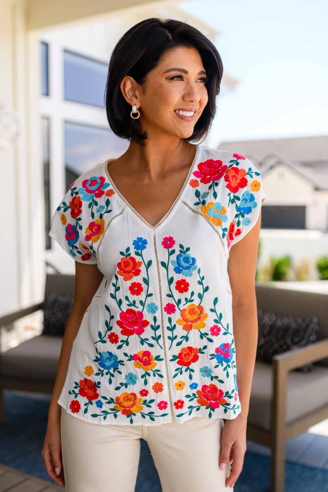 Rose Garden Embroidered Blouse-Short Sleeve Tops-Krush Kandy, Women's Online Fashion Boutique Located in Phoenix, Arizona (Scottsdale Area)