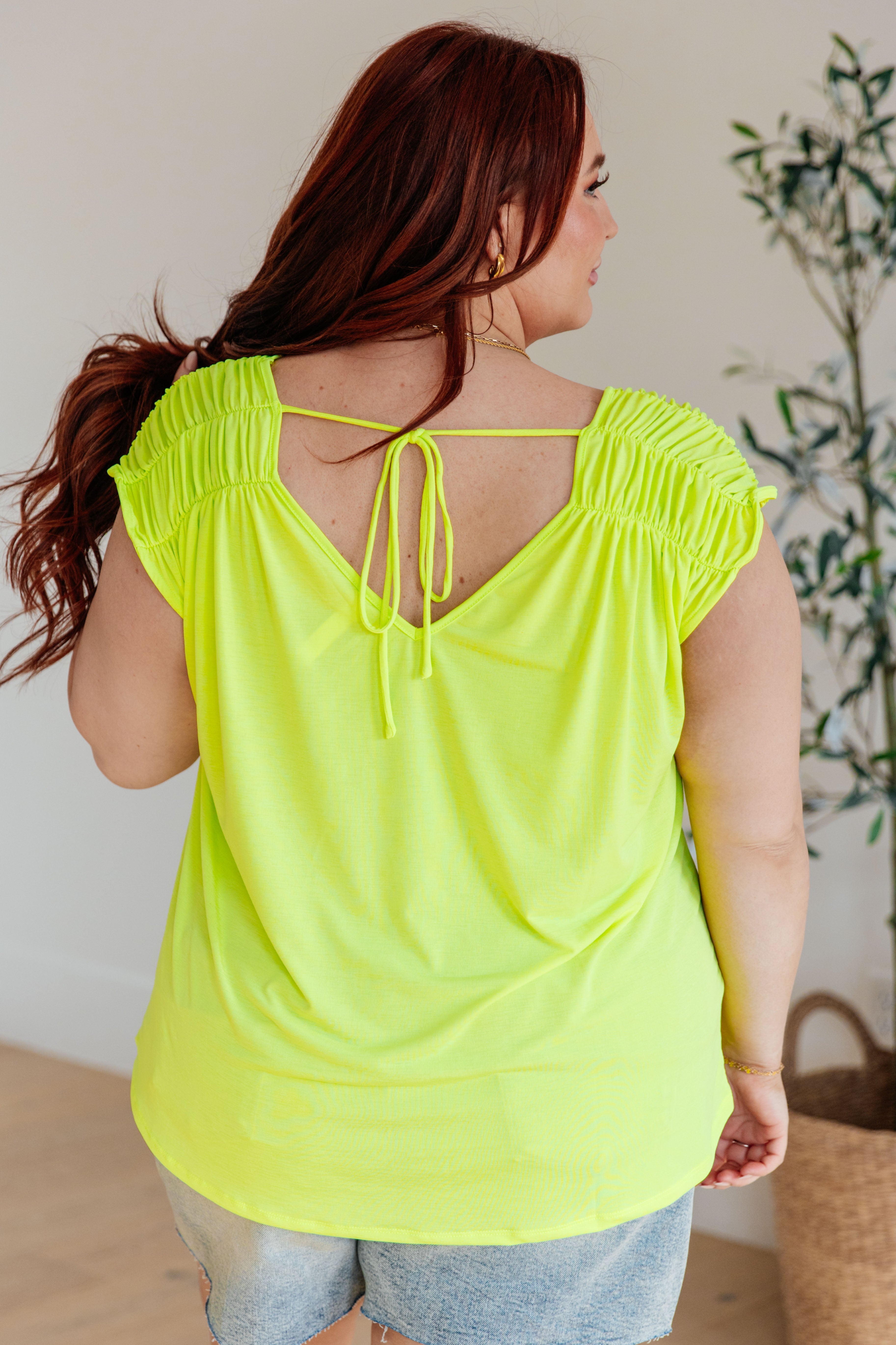 Ruched Cap Sleeve Top in Neon Green-Short Sleeve Tops-Krush Kandy, Women's Online Fashion Boutique Located in Phoenix, Arizona (Scottsdale Area)