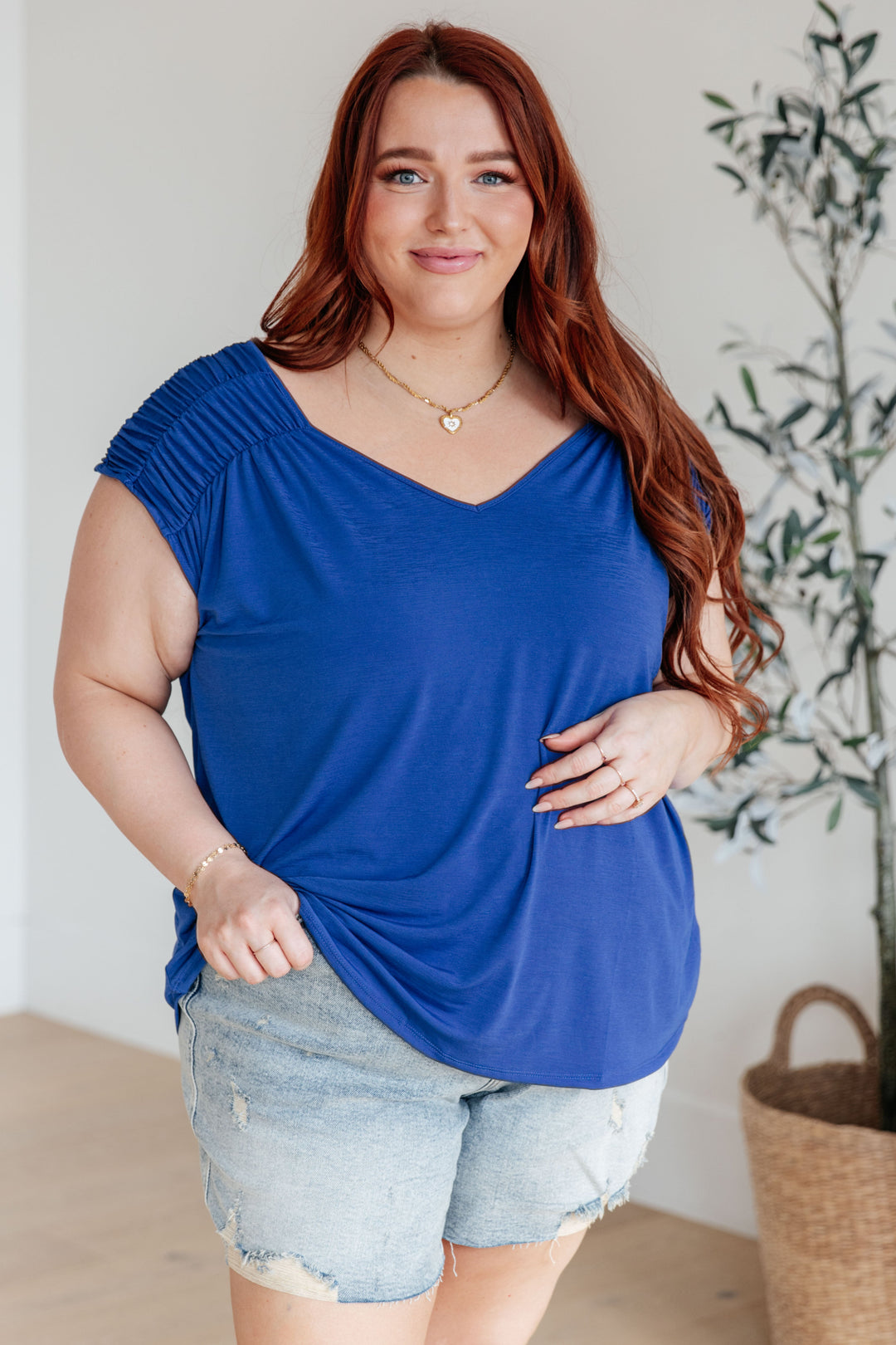 Ruched Cap Sleeve Top in Royal Blue-Short Sleeve Tops-Krush Kandy, Women's Online Fashion Boutique Located in Phoenix, Arizona (Scottsdale Area)