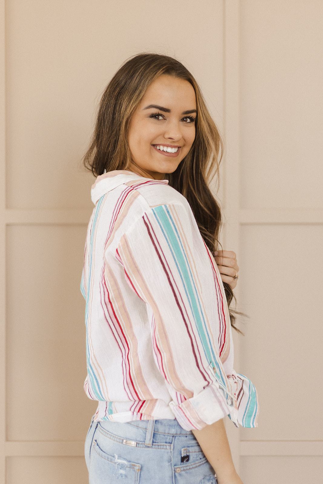 (2 Colors, S-XL) Memory Lane Multi Stripe Button Up-Long Sleeve Tops-Krush Kandy, Women's Online Fashion Boutique Located in Phoenix, Arizona (Scottsdale Area)