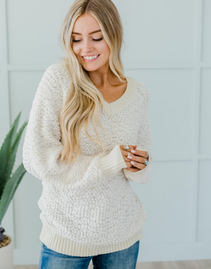 Ribbed V Neck Popcorn Knit Sweater | S-XL-Sweaters-Krush Kandy, Women's Online Fashion Boutique Located in Phoenix, Arizona (Scottsdale Area)