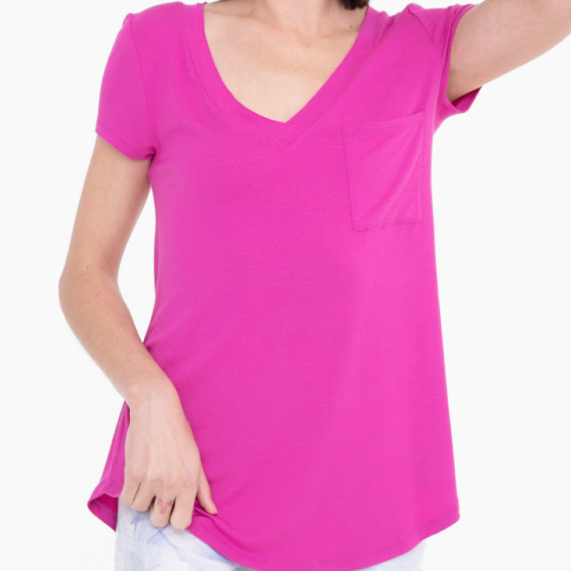 MONO B Forever Loved Long Line Deep V-Neck Pocket Shirt | S-3X, Multiple Colors-Short Sleeve Tops-Krush Kandy, Women's Online Fashion Boutique Located in Phoenix, Arizona (Scottsdale Area)